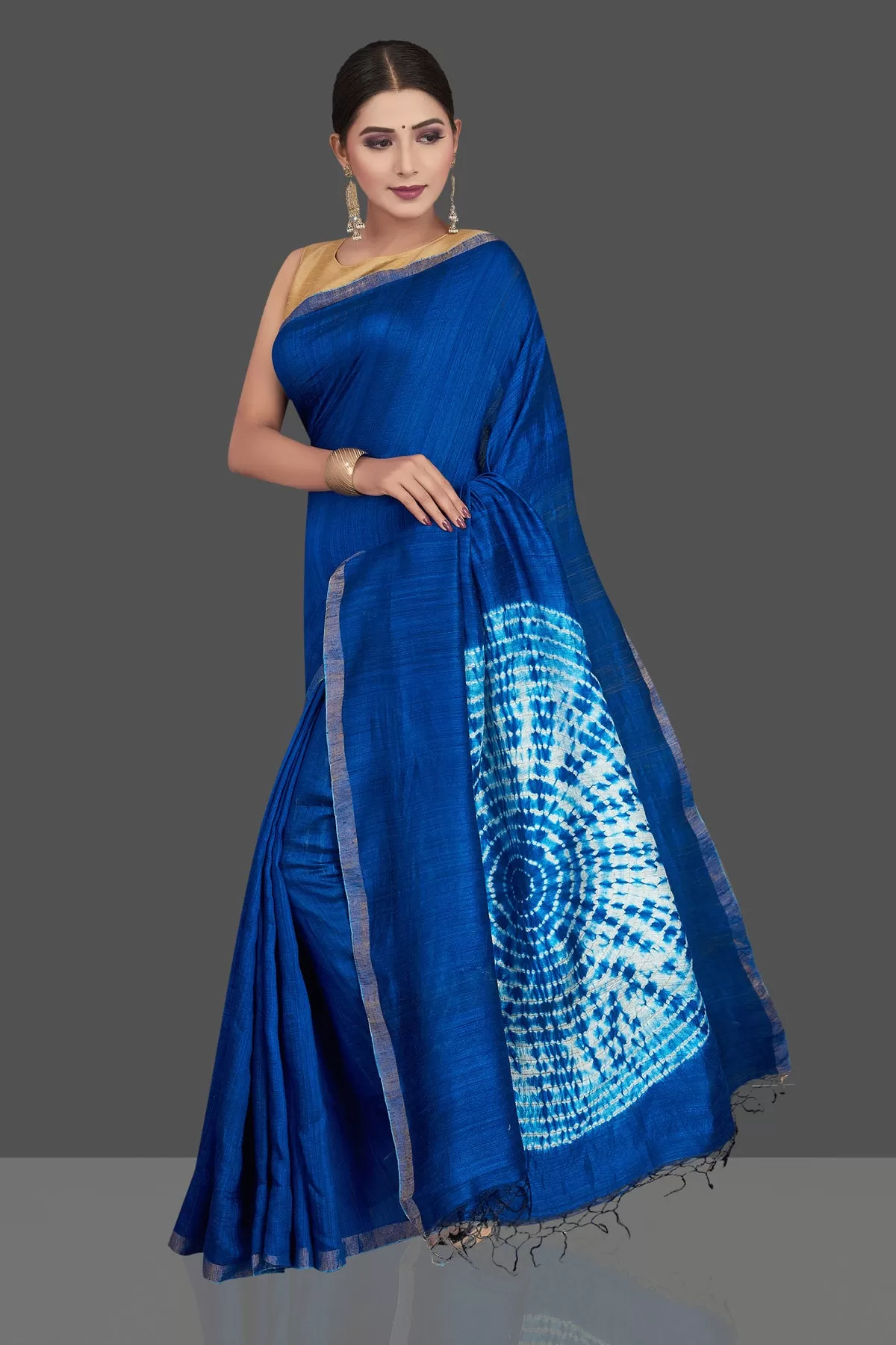 90L441 Indigo Blue Matka Silk Saree with Bandhej Print Pallu