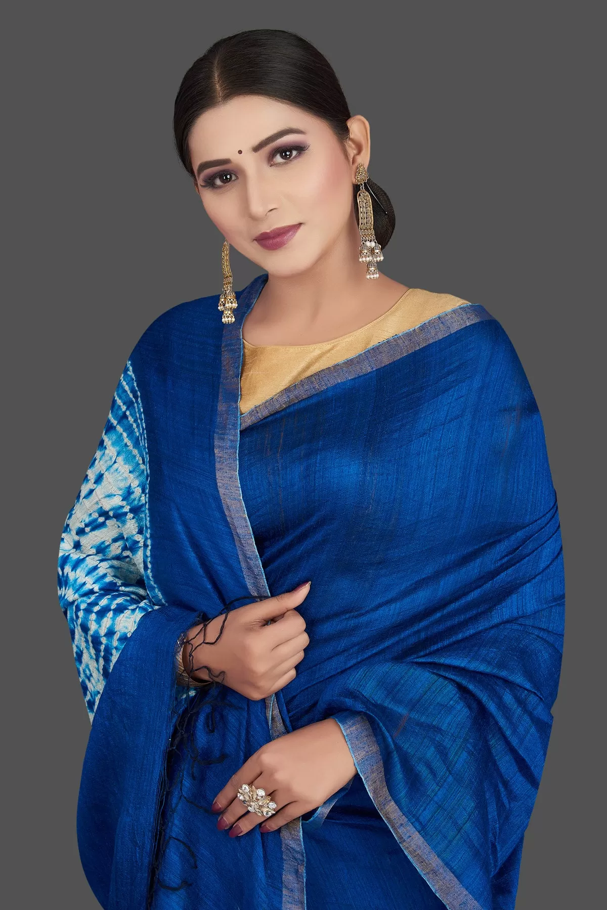 90L441 Indigo Blue Matka Silk Saree with Bandhej Print Pallu