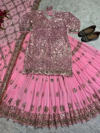 Baby Pink Georgette Sequence Stitched Lehenga Choli UK Next Day