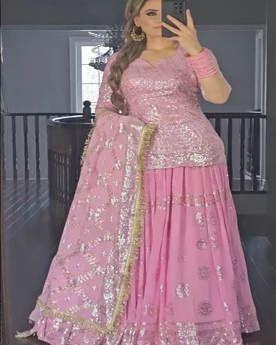 Baby Pink Georgette Sequence Stitched Lehenga Choli UK Next Day