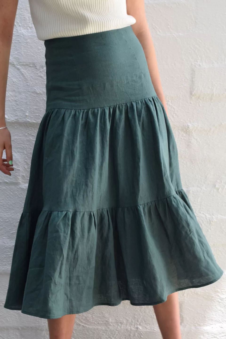 Blazing Forest Tiered Linen Midi Skirt