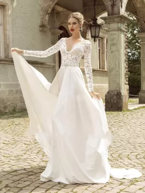 Chic Chiffon Ivory Wedding Dress Long Sleeve V Neck Cheap Wedding Dress #ER155