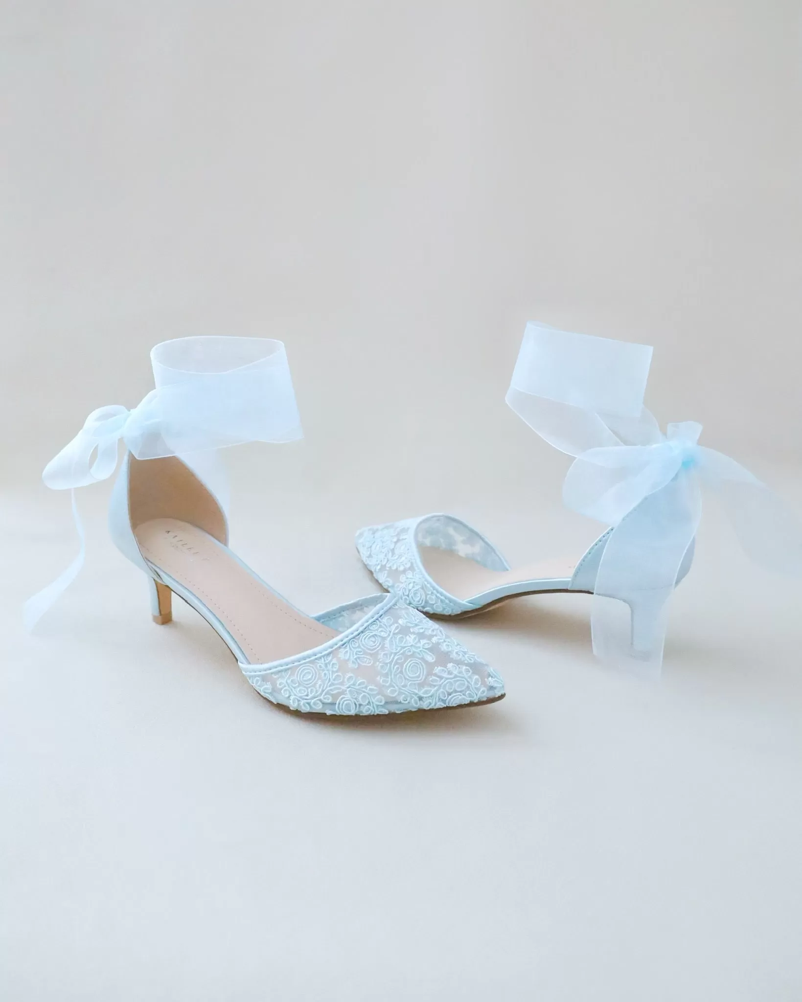 Crochet Lace Pointy Toe Wedding Low Heels with Wrapped Ankle Tie