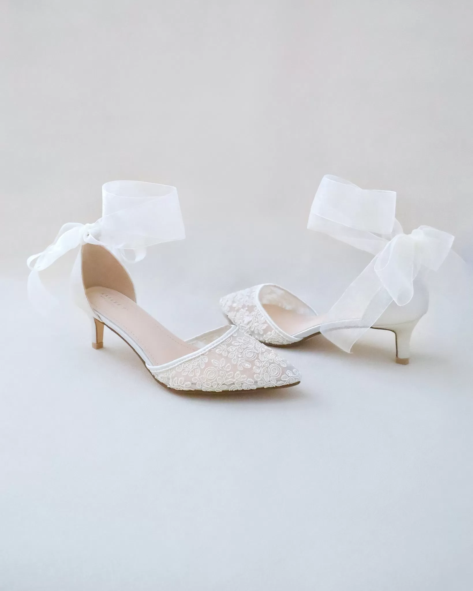 Crochet Lace Pointy Toe Wedding Low Heels with Wrapped Ankle Tie