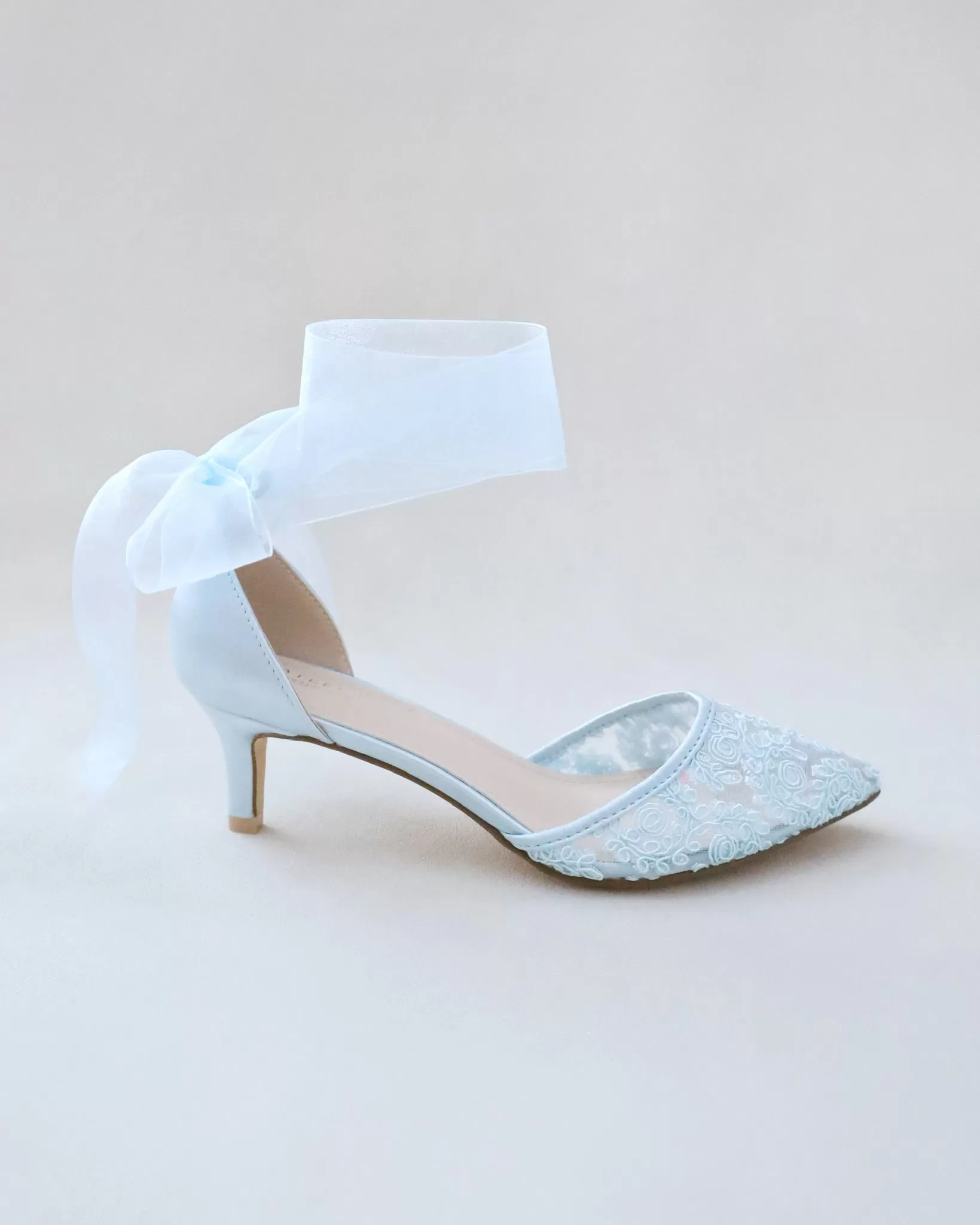 Crochet Lace Pointy Toe Wedding Low Heels with Wrapped Ankle Tie