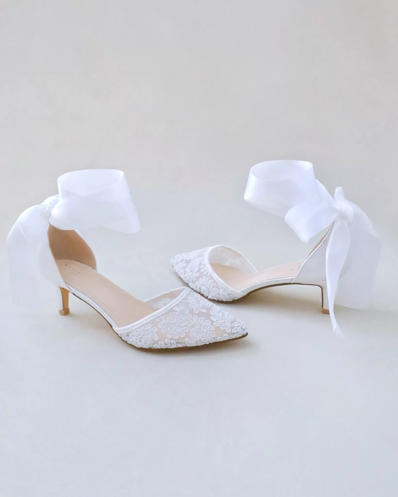 Crochet Lace Pointy Toe Wedding Low Heels with Wrapped Ankle Tie