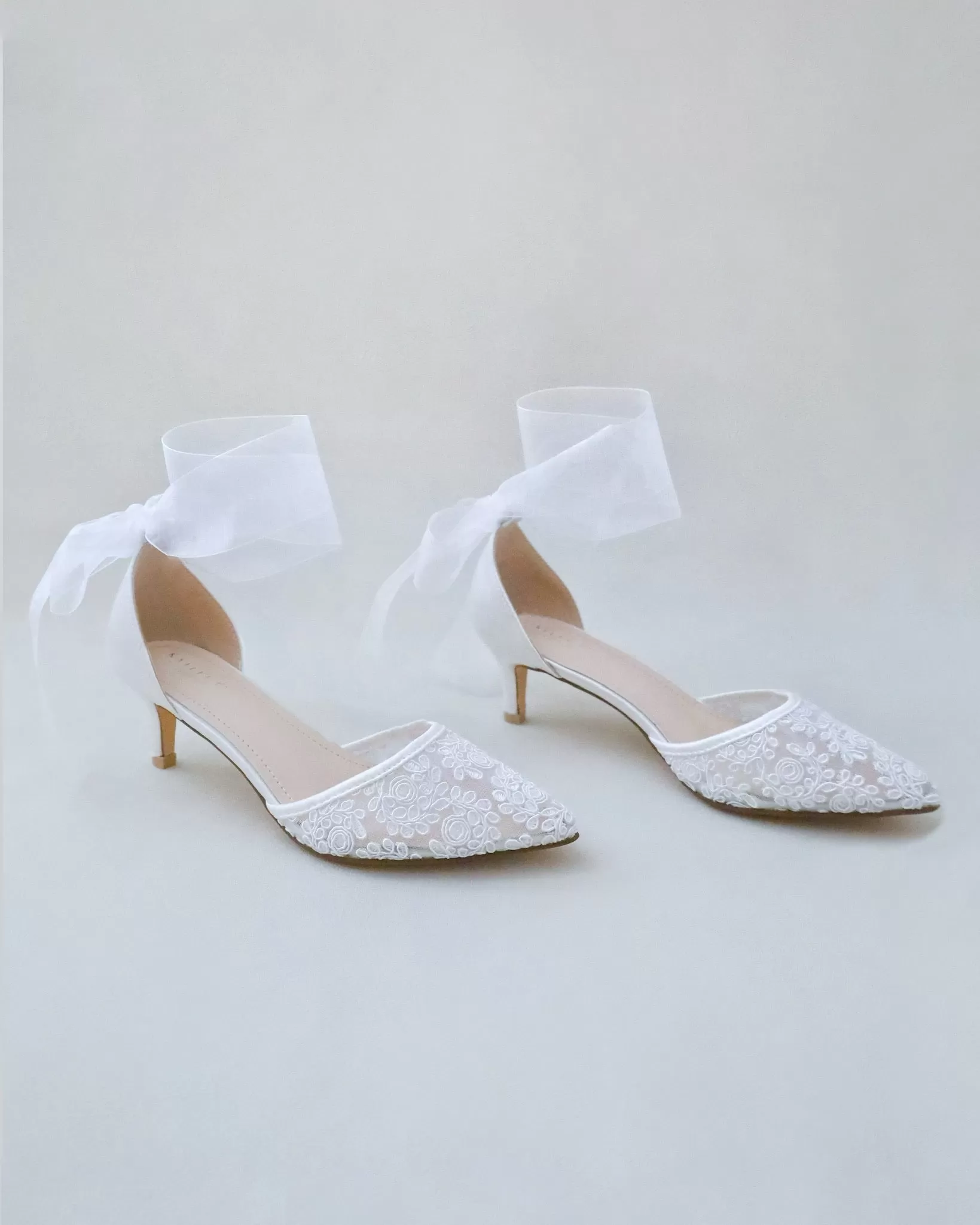 Crochet Lace Pointy Toe Wedding Low Heels with Wrapped Ankle Tie