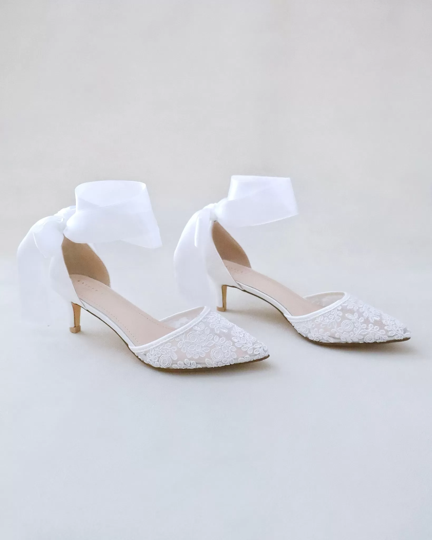 Crochet Lace Pointy Toe Wedding Low Heels with Wrapped Ankle Tie