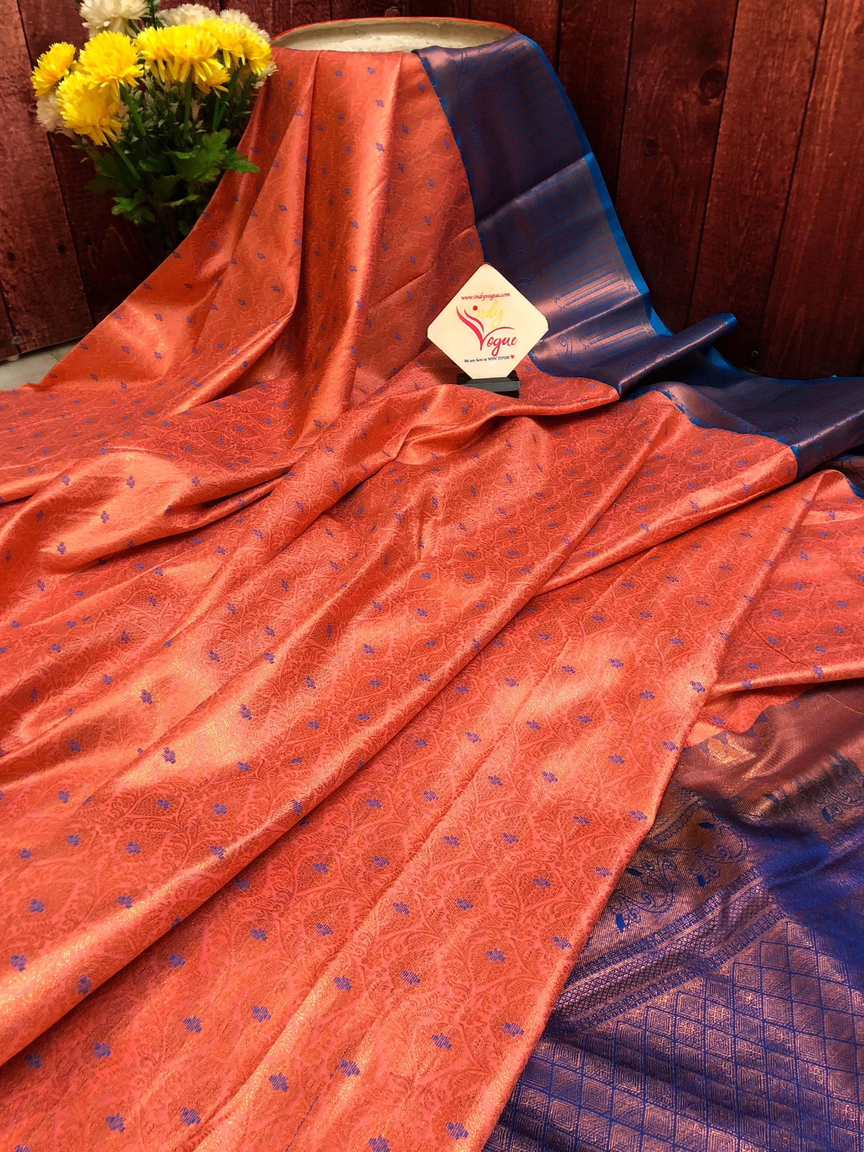 Dark Salmon Kanjeevaram Silk Saree with Brocade Work