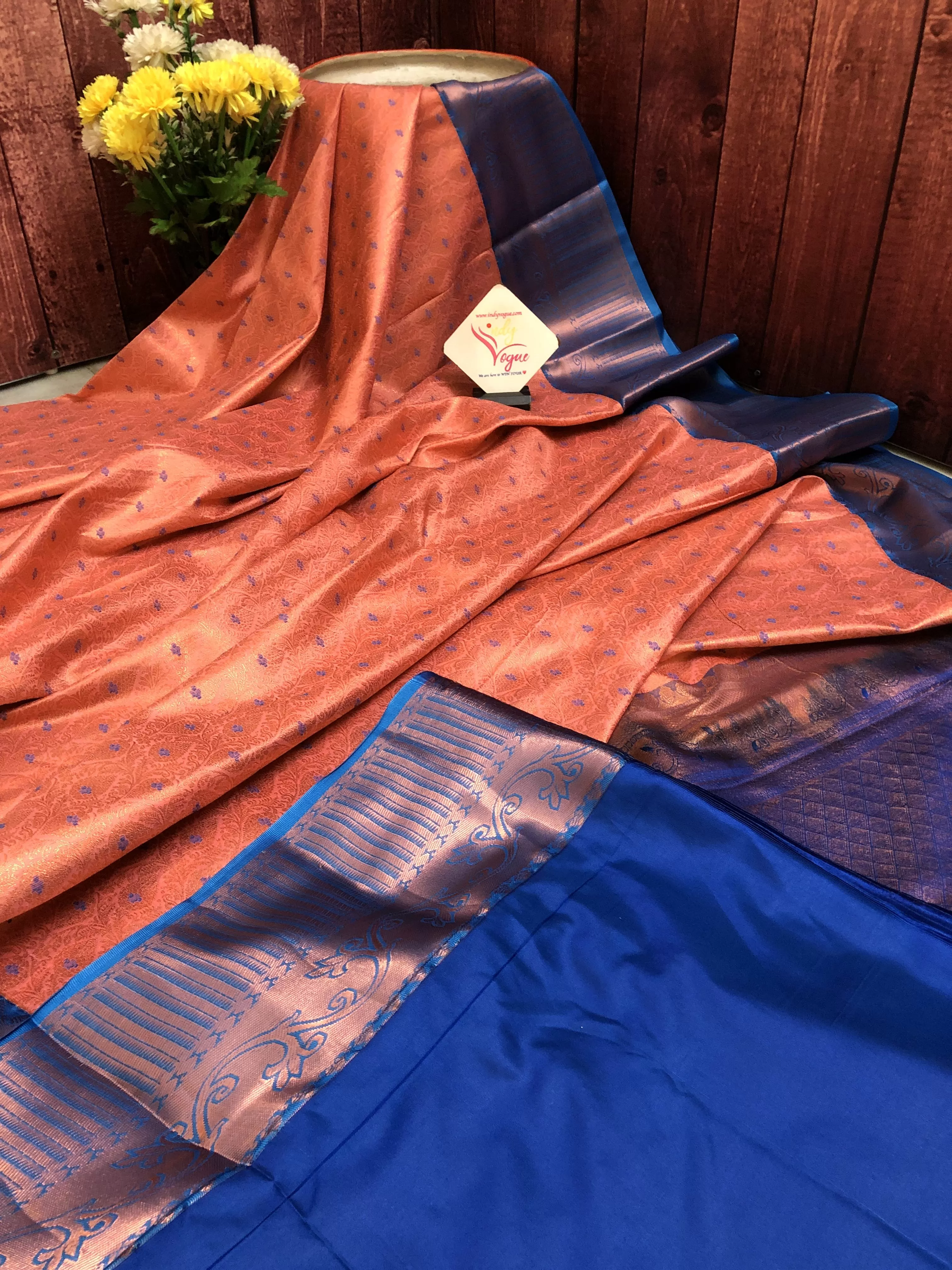 Dark Salmon Kanjeevaram Silk Saree with Brocade Work