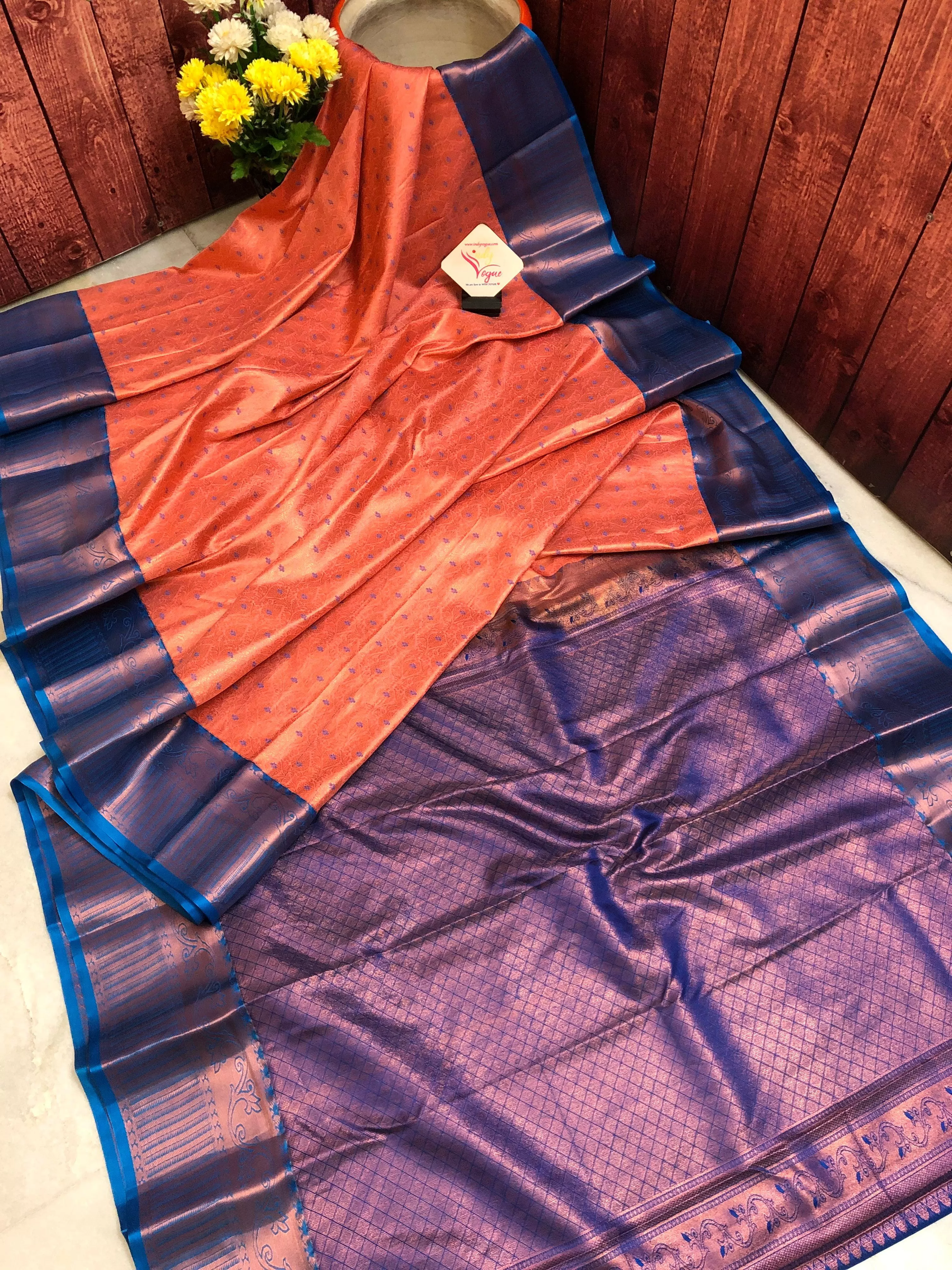 Dark Salmon Kanjeevaram Silk Saree with Brocade Work