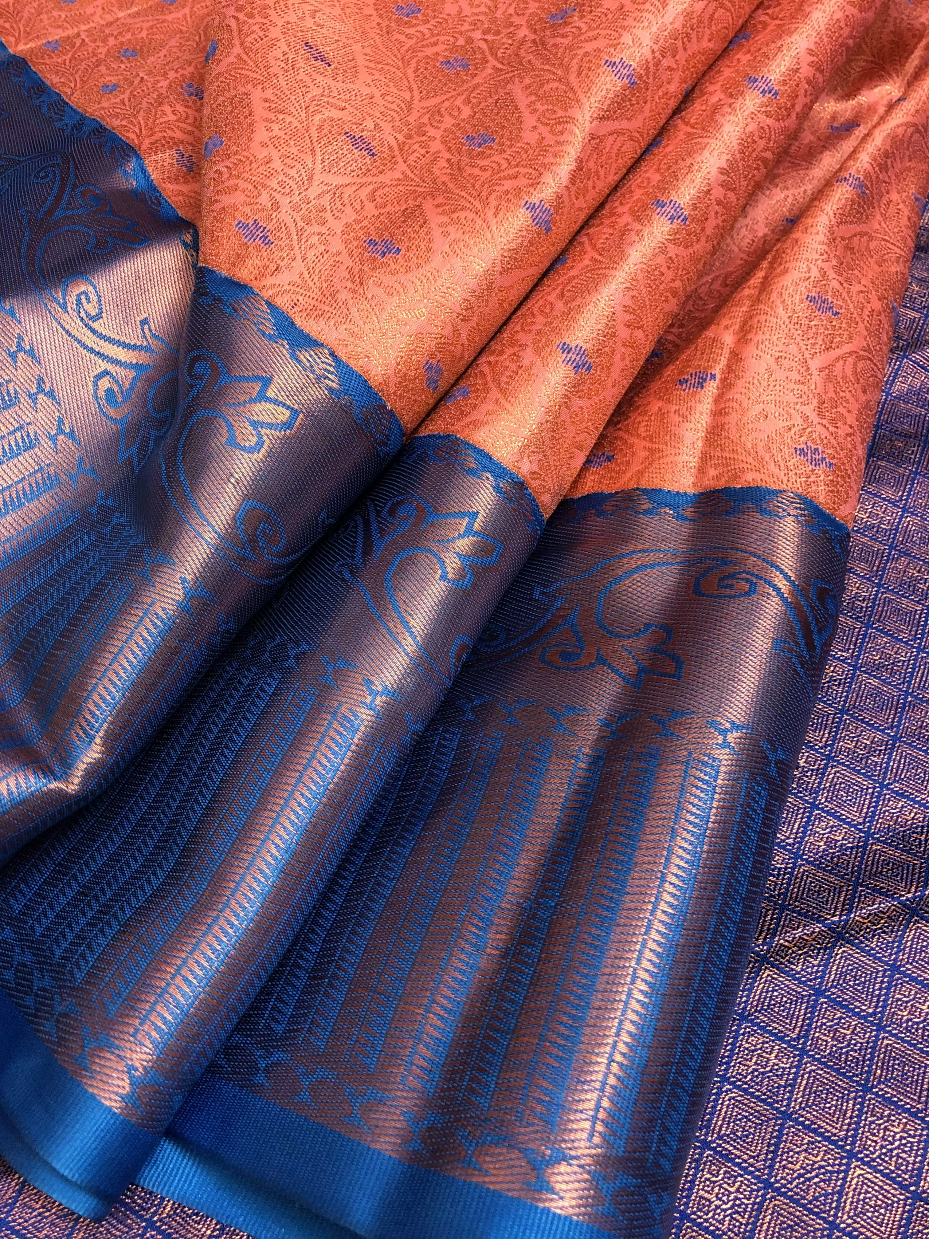 Dark Salmon Kanjeevaram Silk Saree with Brocade Work