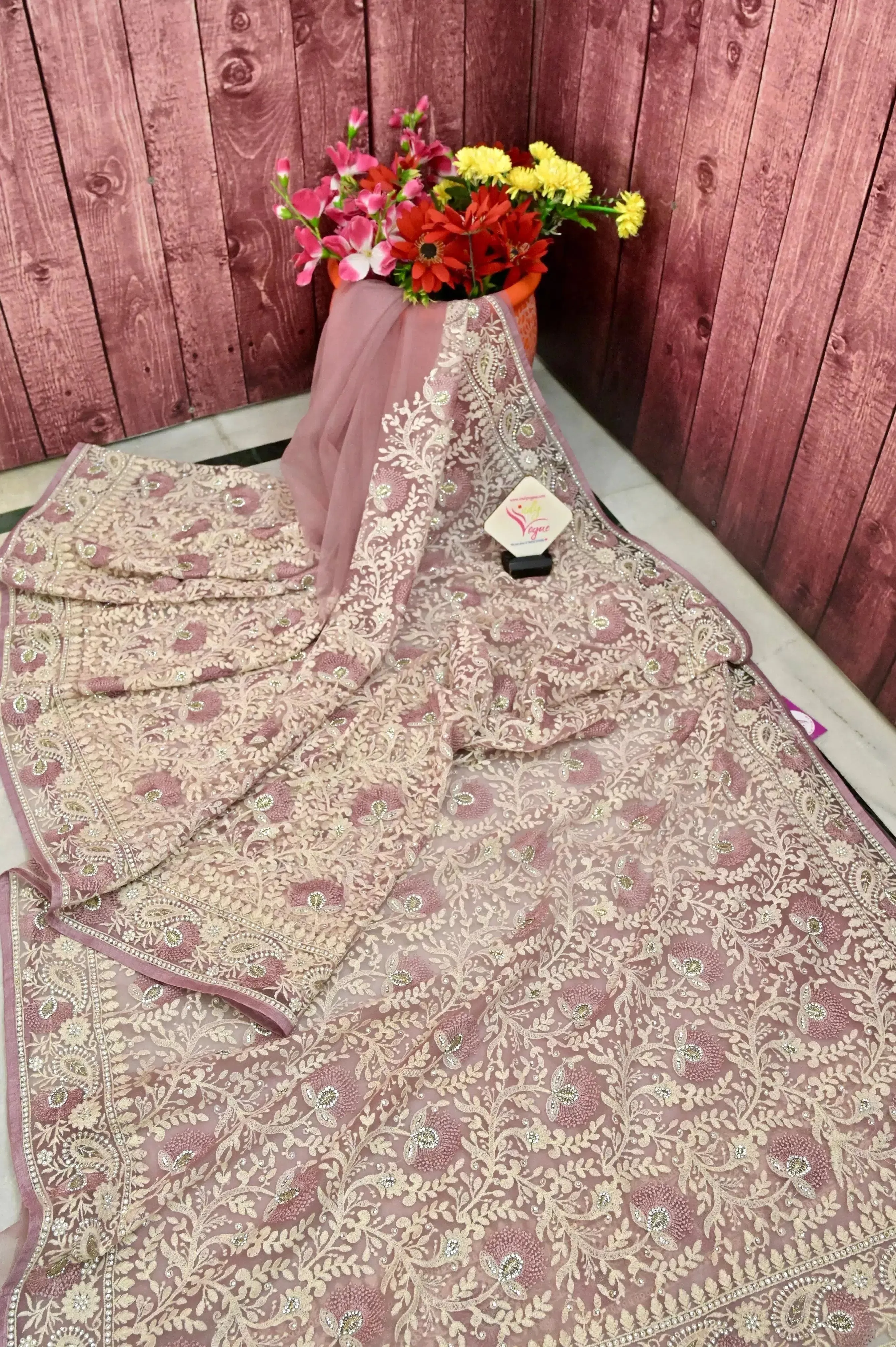 Deep Pink Color Designer Net Saree with Chikankari Embroidery and Stone Work