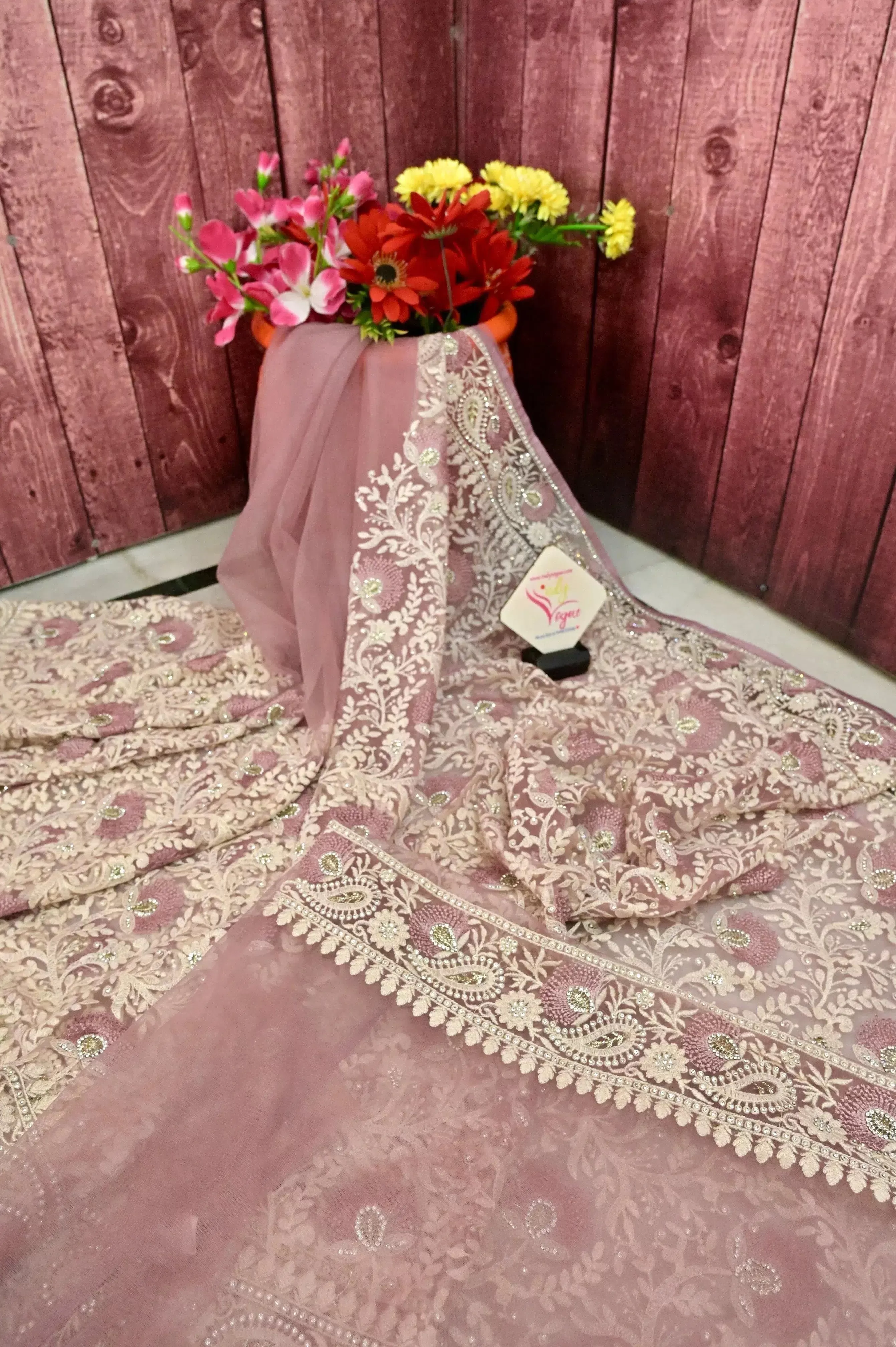 Deep Pink Color Designer Net Saree with Chikankari Embroidery and Stone Work