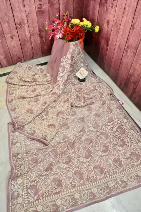 Deep Pink Color Designer Net Saree with Chikankari Embroidery and Stone Work