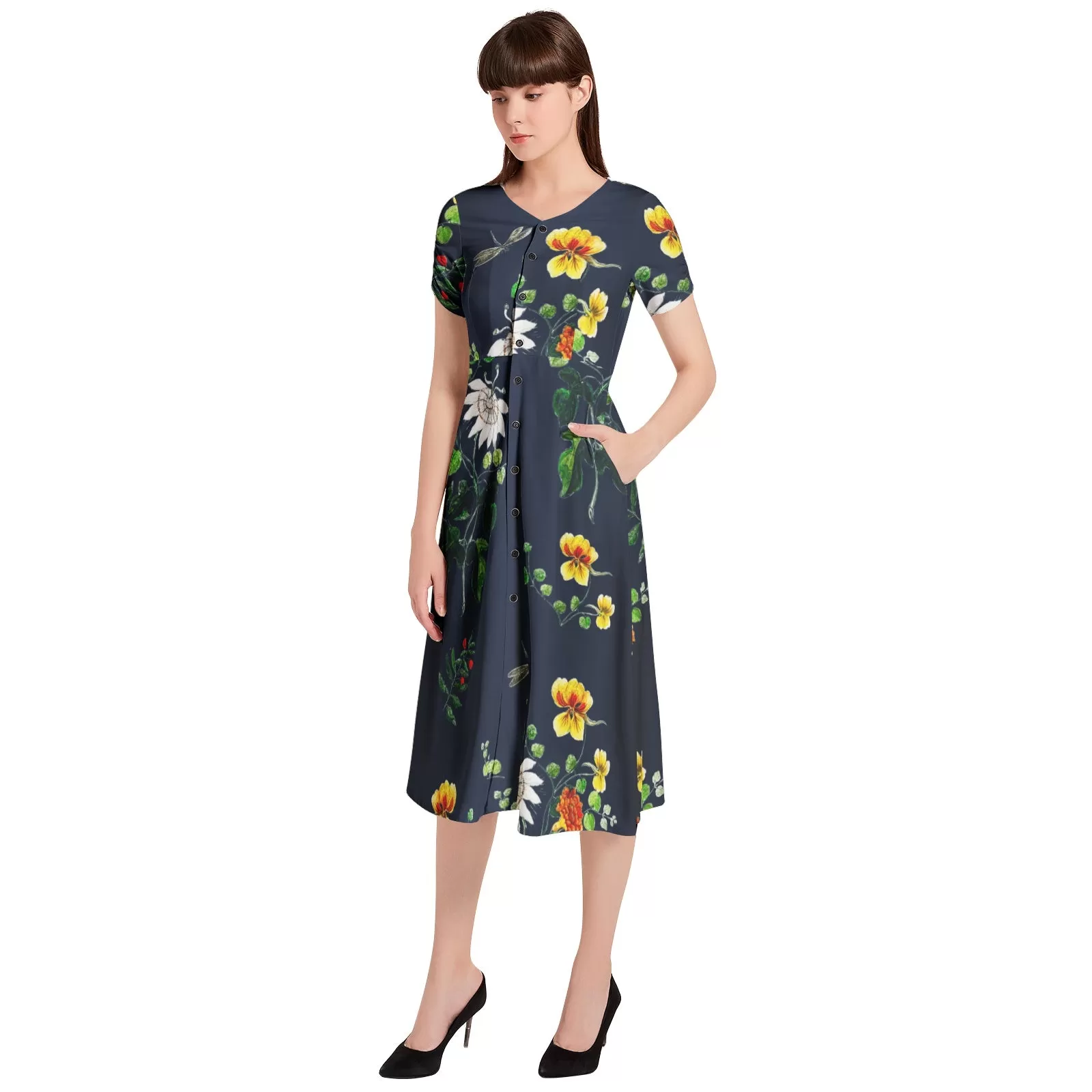 Dragonfly Meadows Puff Sleeve Button Through Dress