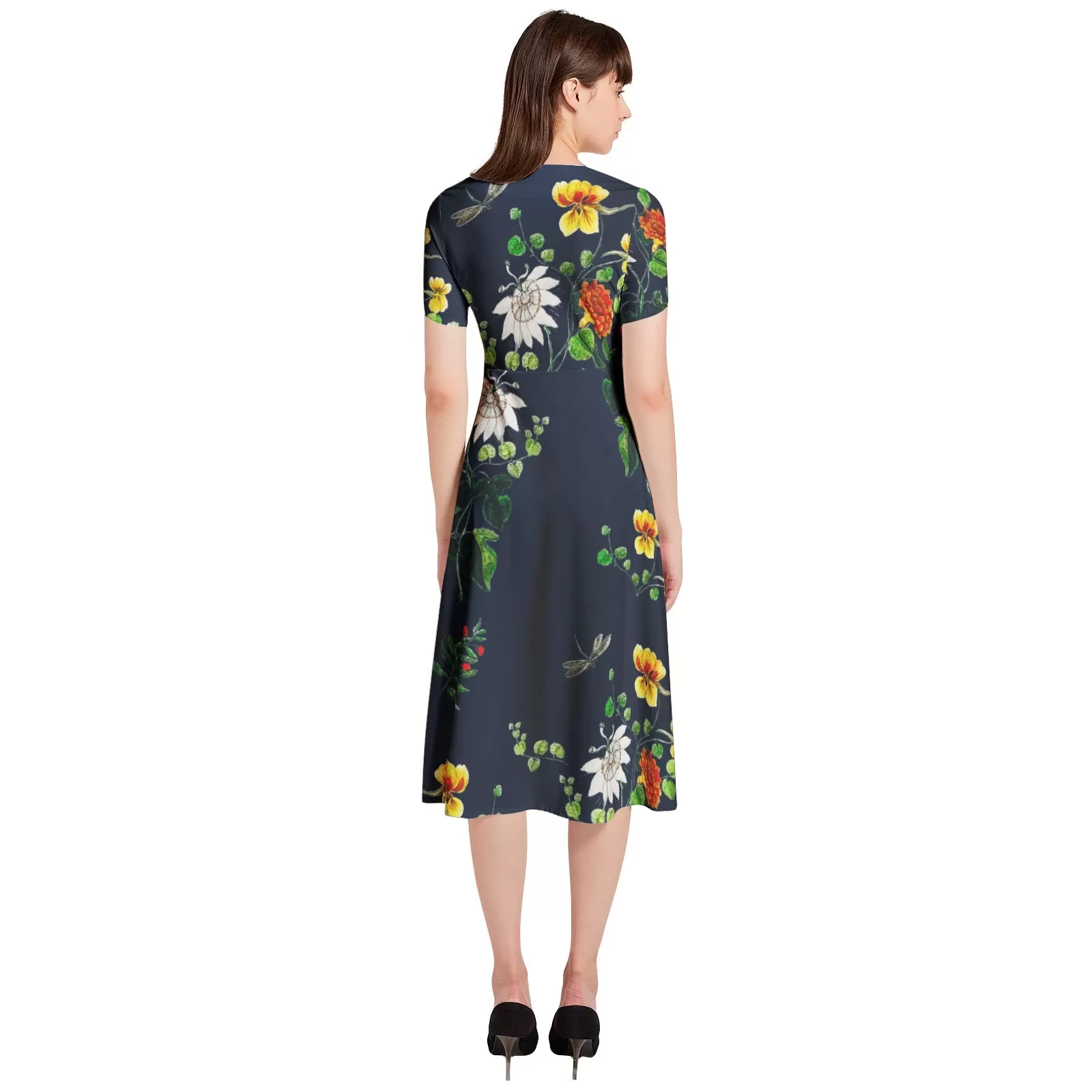 Dragonfly Meadows Puff Sleeve Button Through Dress