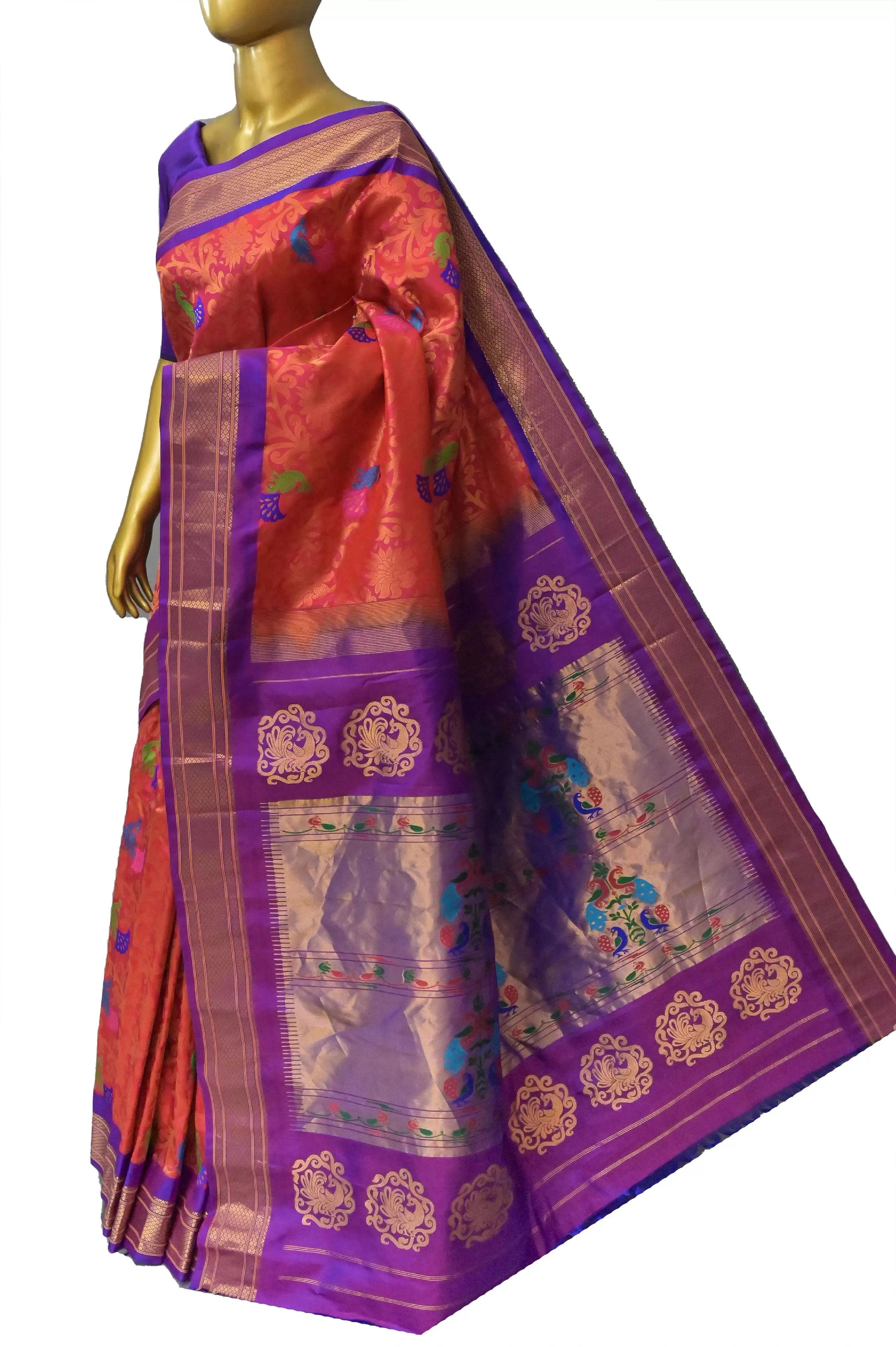 Dual Tone Orange and Magenta Color Pure Brocade Maharani Paithani with Allover Meenakari Work