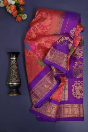 Dual Tone Orange and Magenta Color Pure Brocade Maharani Paithani with Allover Meenakari Work