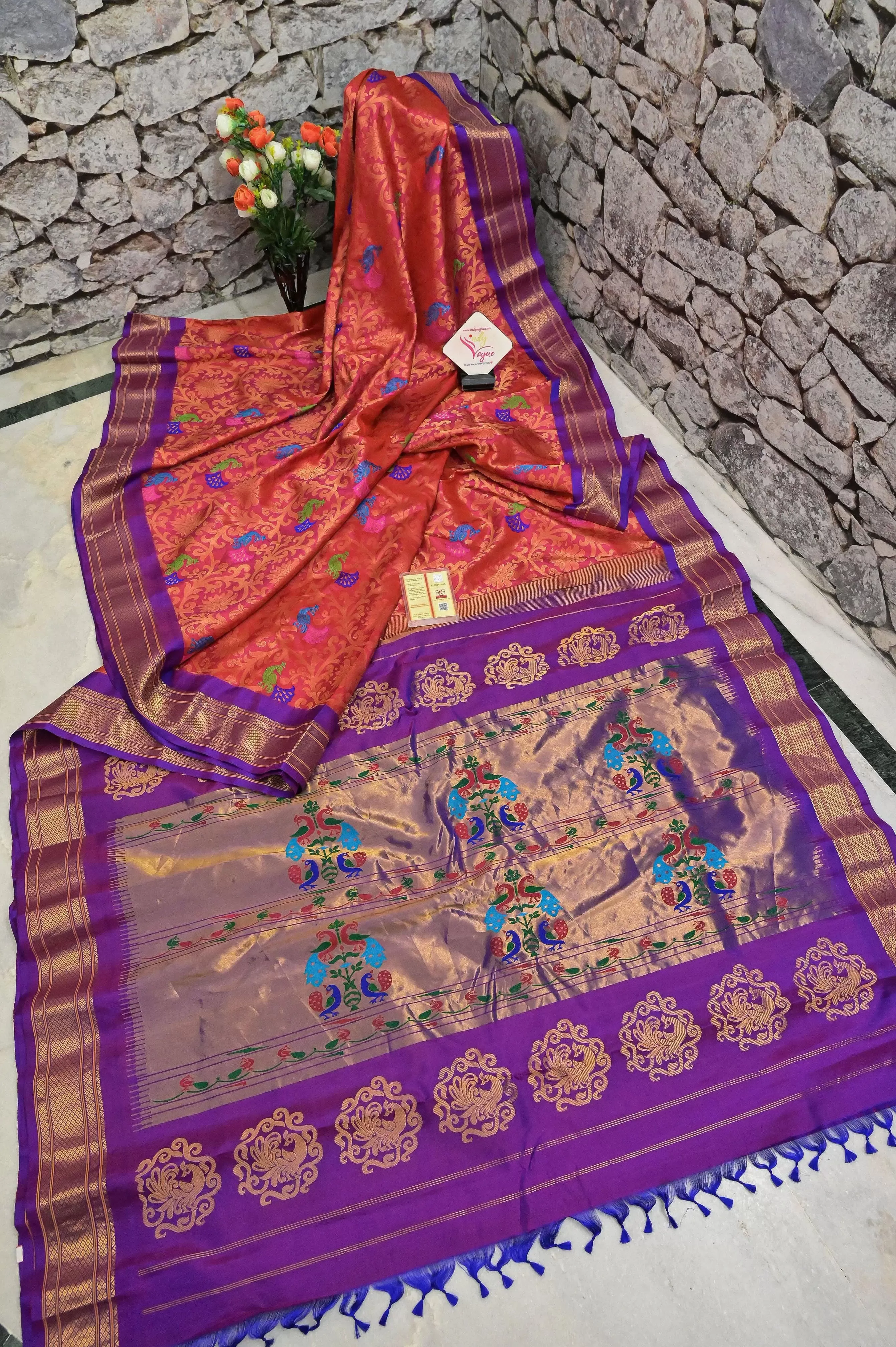 Dual Tone Orange and Magenta Color Pure Brocade Maharani Paithani with Allover Meenakari Work