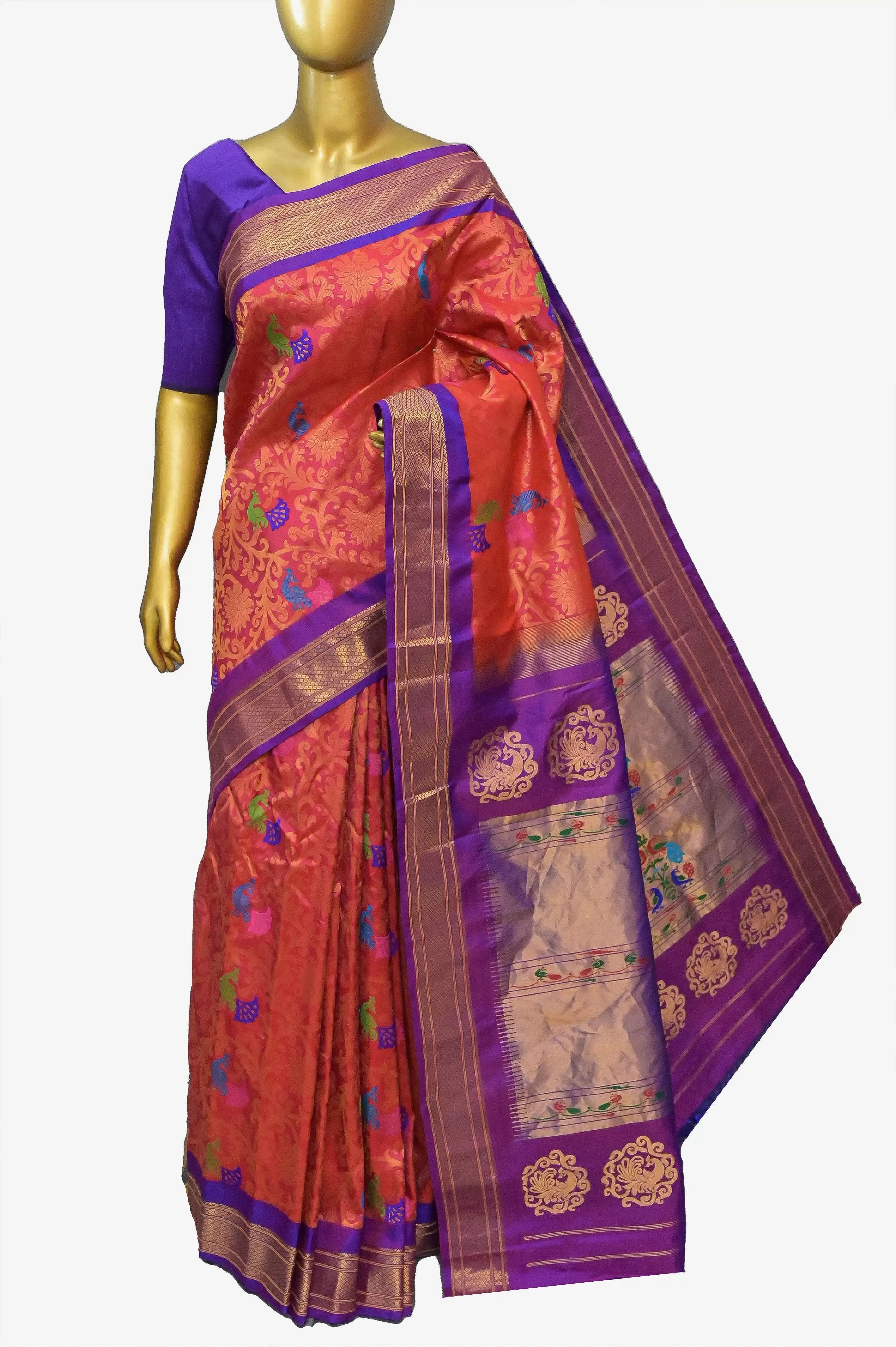 Dual Tone Orange and Magenta Color Pure Brocade Maharani Paithani with Allover Meenakari Work