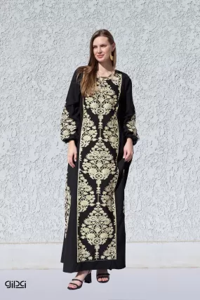 Elegant black embroidered kaftan dress, Cotton caftan max dress, Long sleeve caftan, Chic embroidered caftan, High quality Egyptian cotton