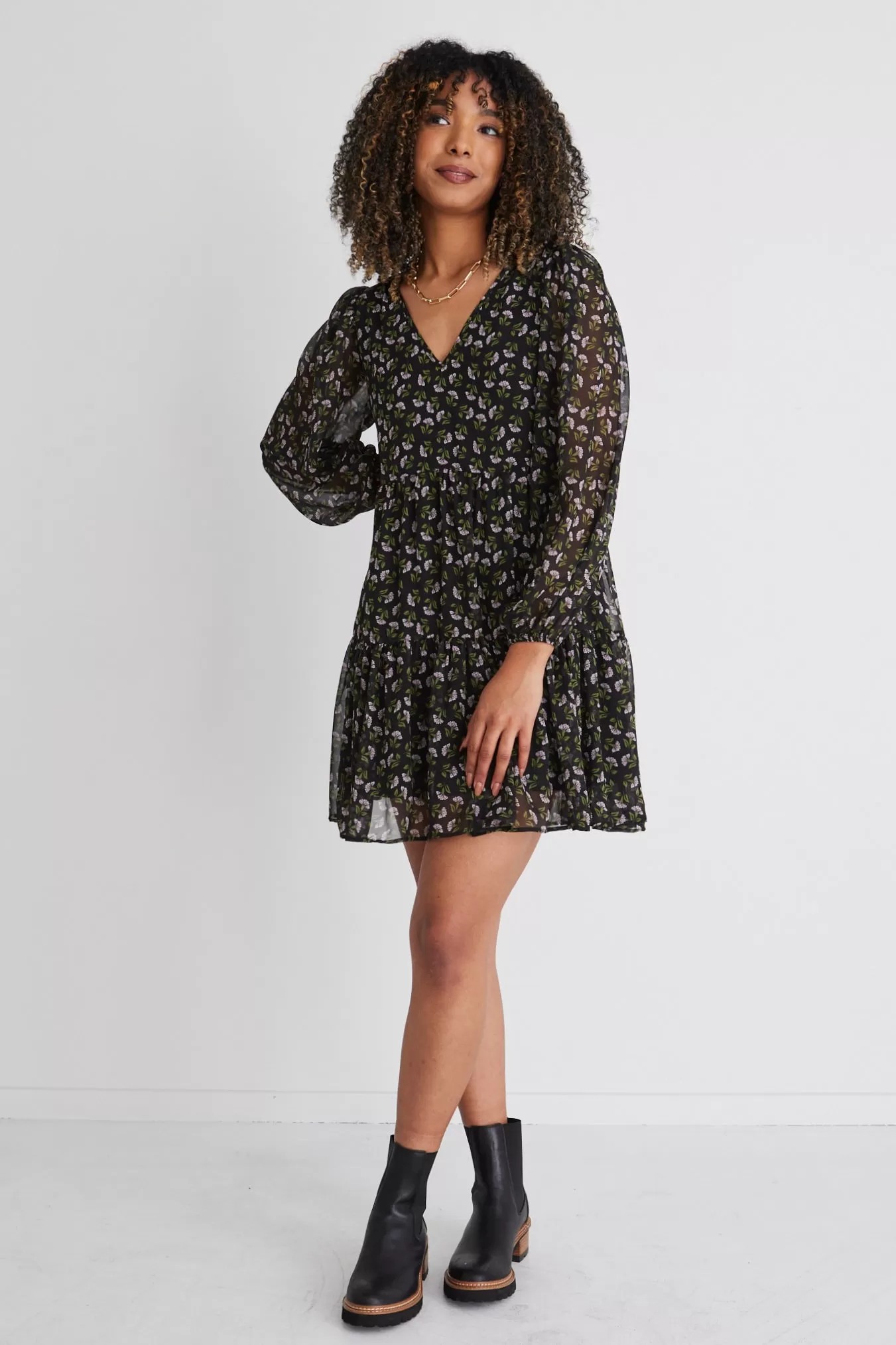 Elsa Black Mini Floral Ls V Neck Smock Mini Dress