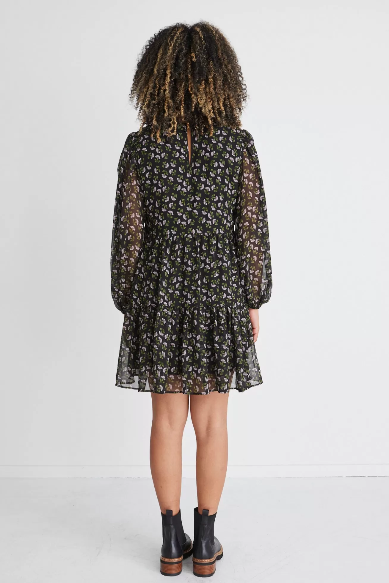 Elsa Black Mini Floral Ls V Neck Smock Mini Dress