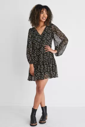 Elsa Black Mini Floral Ls V Neck Smock Mini Dress