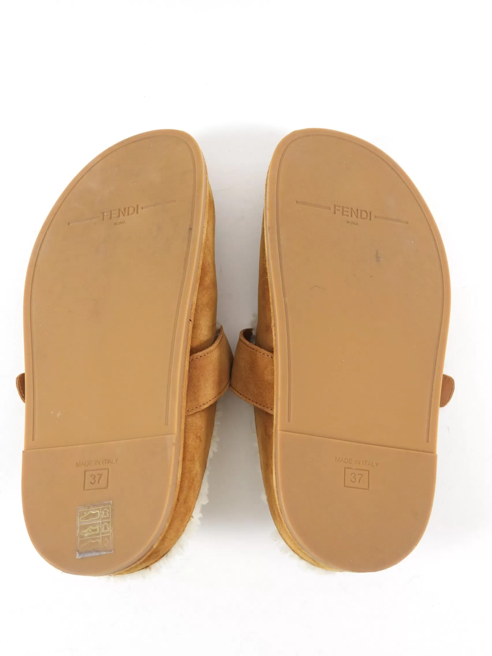 Fendi Tan Shearling Flat Slides - 37