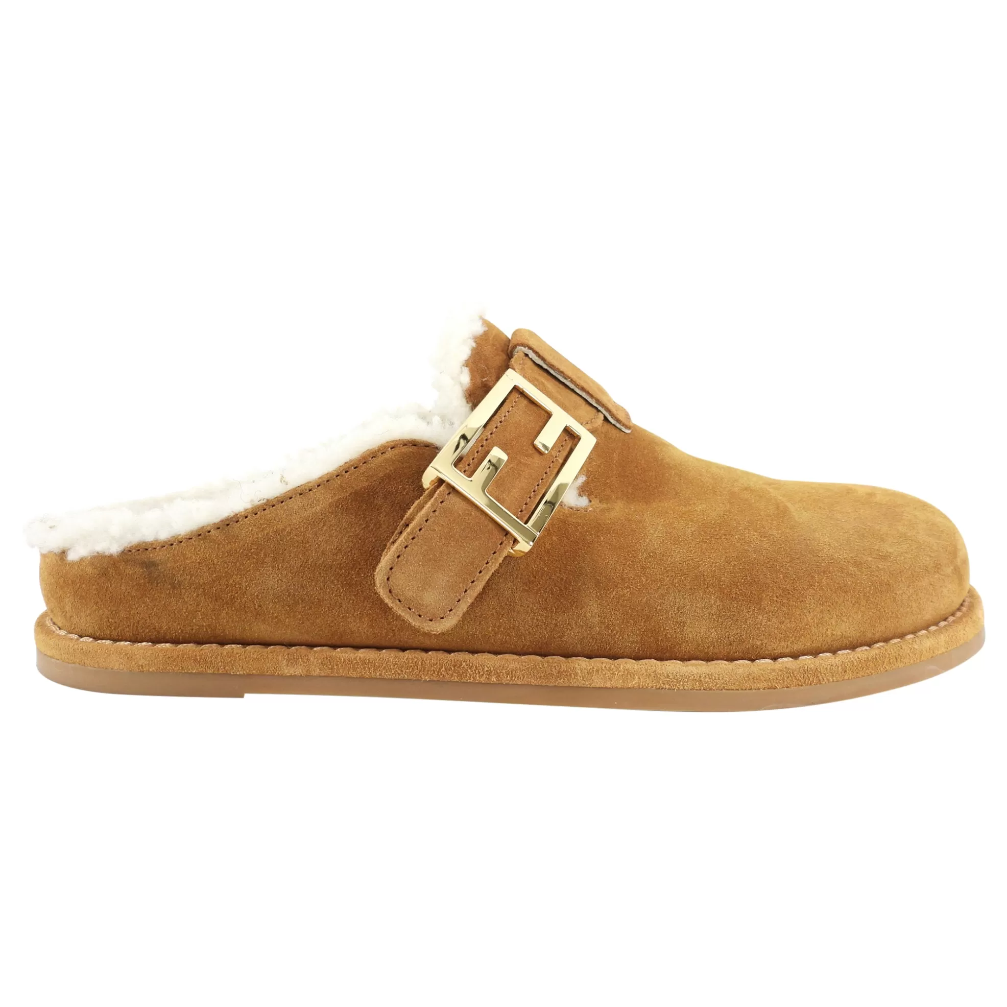 Fendi Tan Shearling Flat Slides - 37