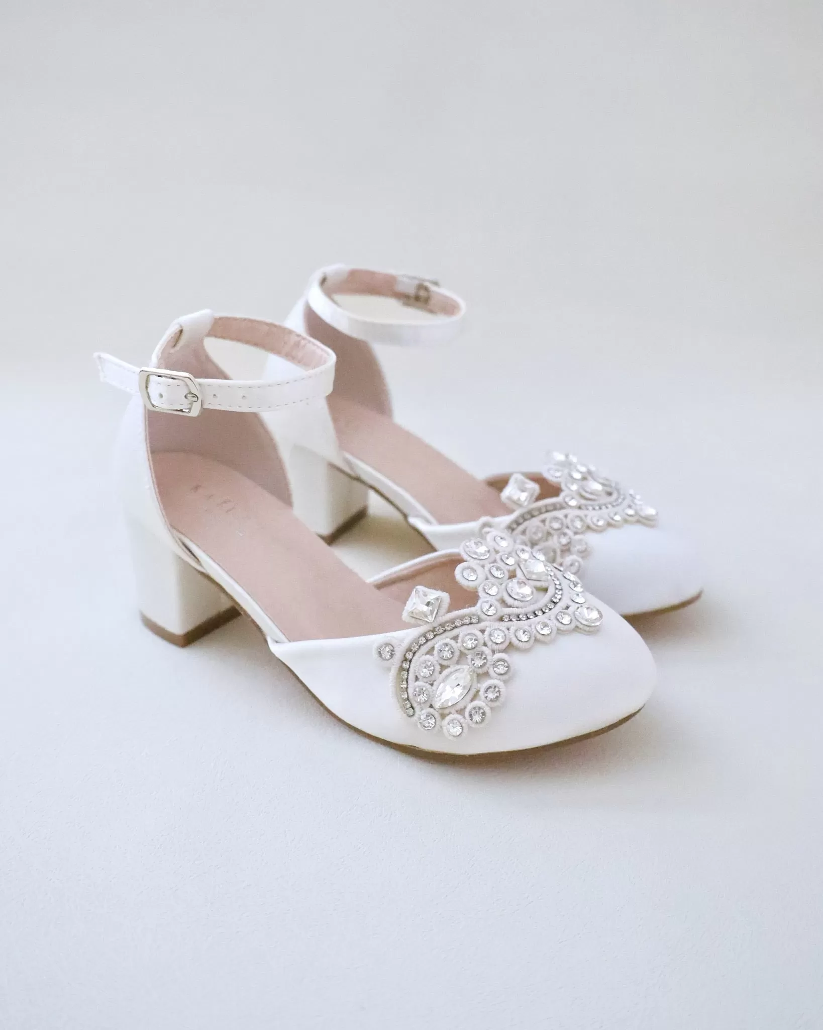 Girls Satin Block Heel with Rhinestones Applique