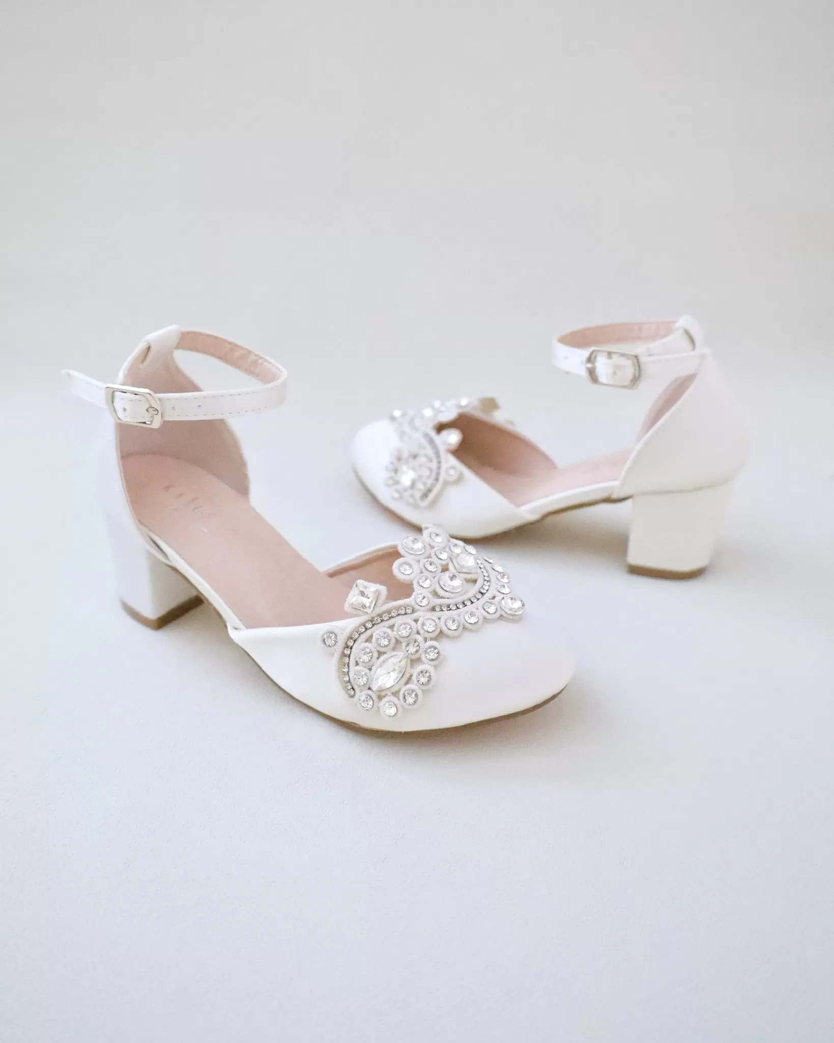 Girls Satin Block Heel with Rhinestones Applique