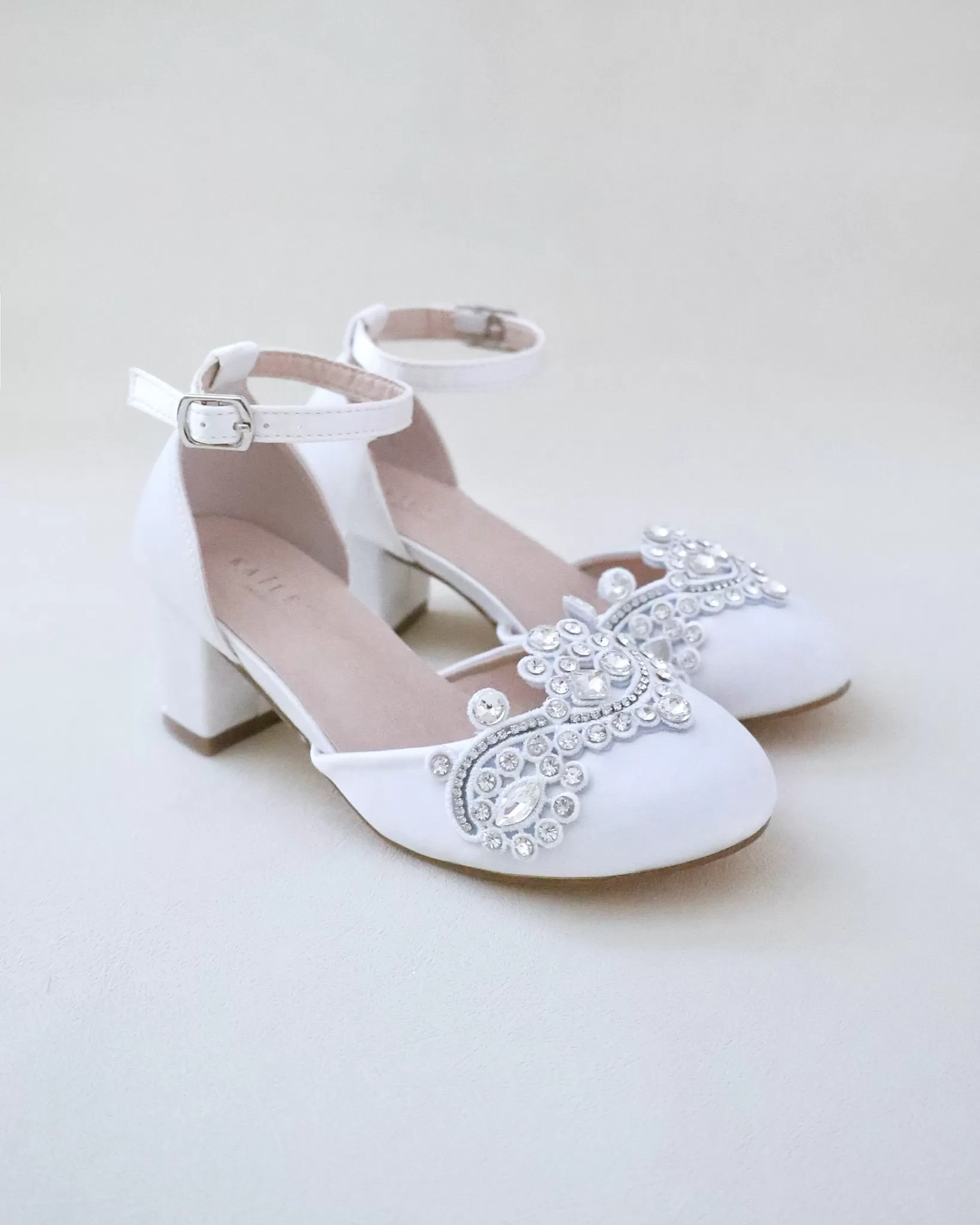 Girls Satin Block Heel with Rhinestones Applique