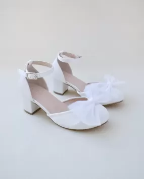 Girls Satin Block Heel with Tulle Bow