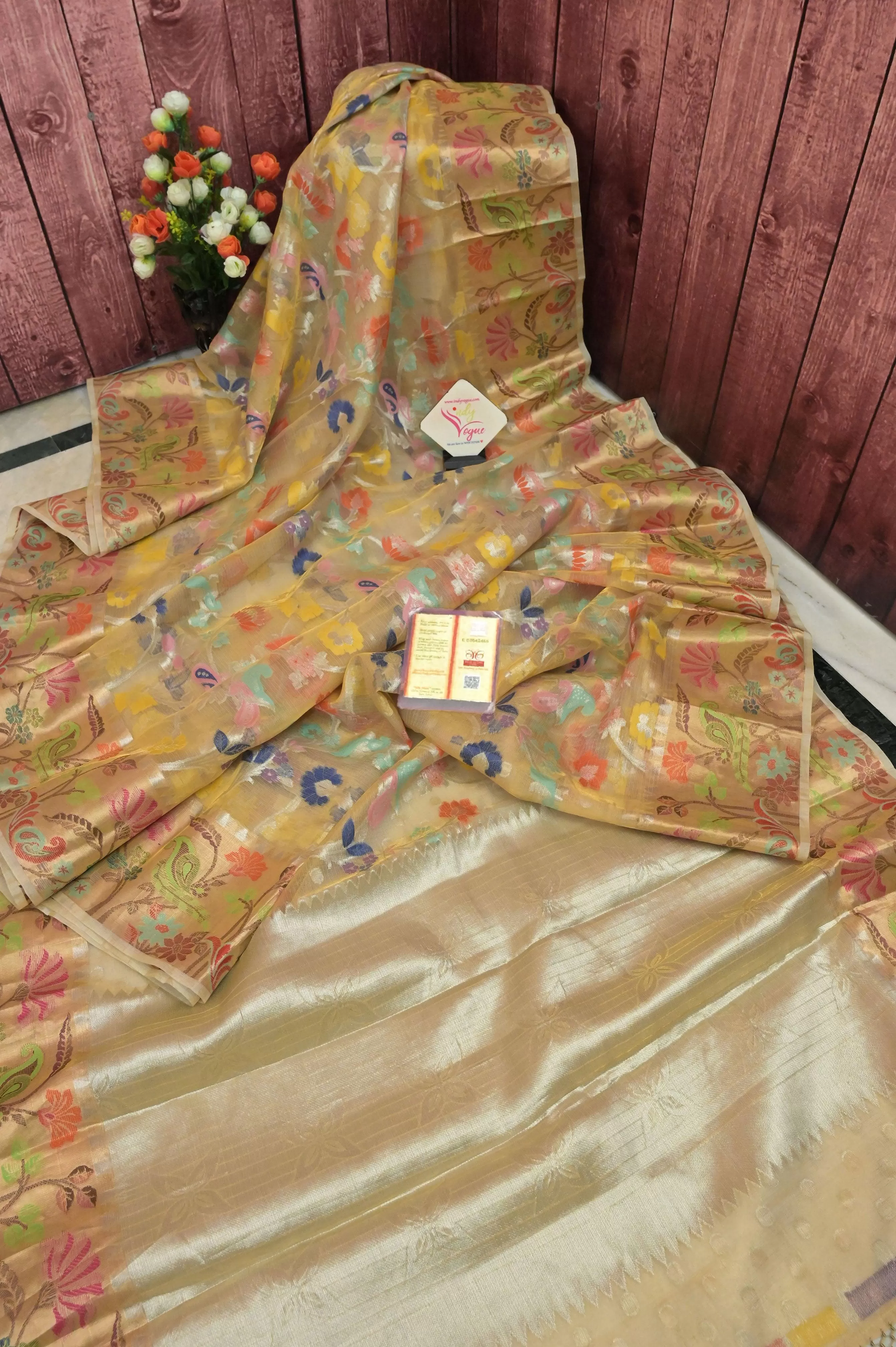 Golden Color Tissue Banarasi Saree with Allover Jaal and Meenakari Work