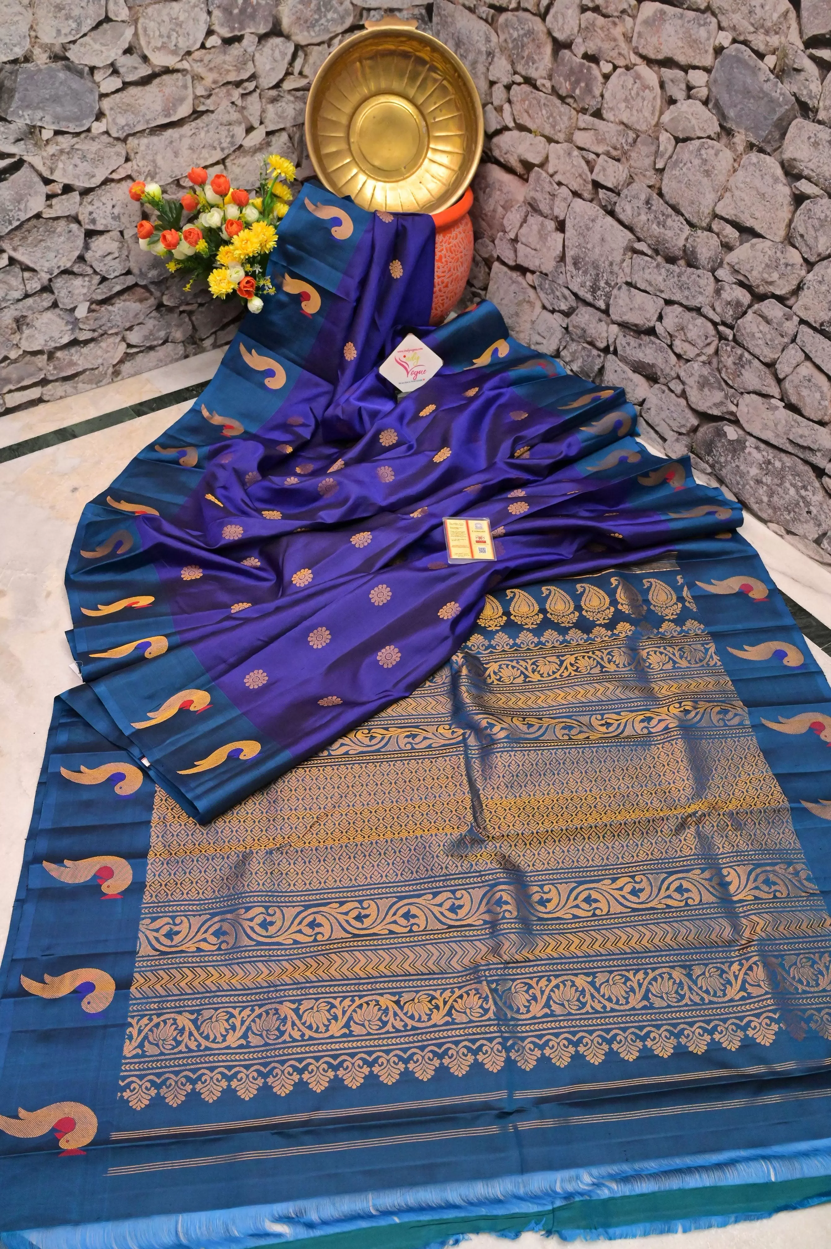 Indigo Blue Color Pure Gadwal Silk Saree with Meenakari and Paithani Design Border