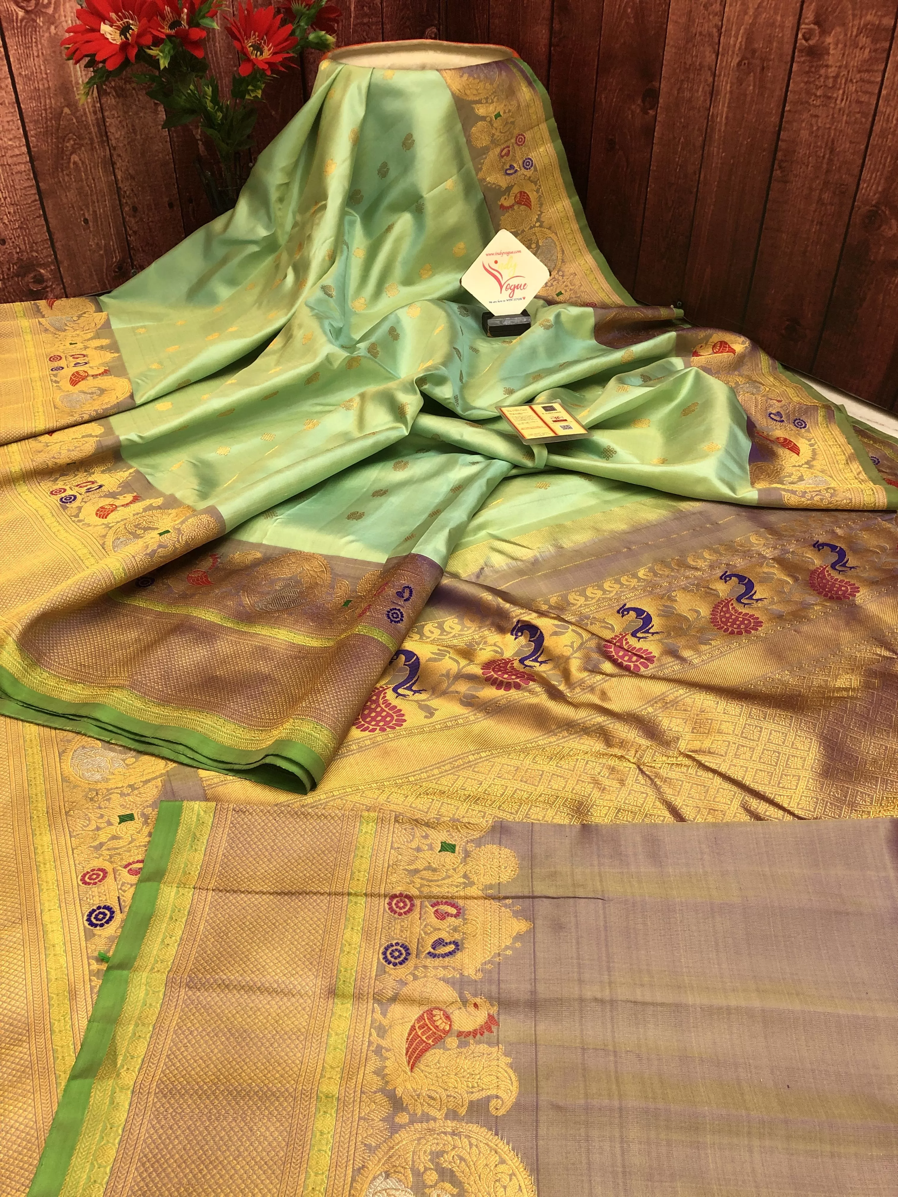 Light Green Color Pure Gadwal Silk with Kanchi Border