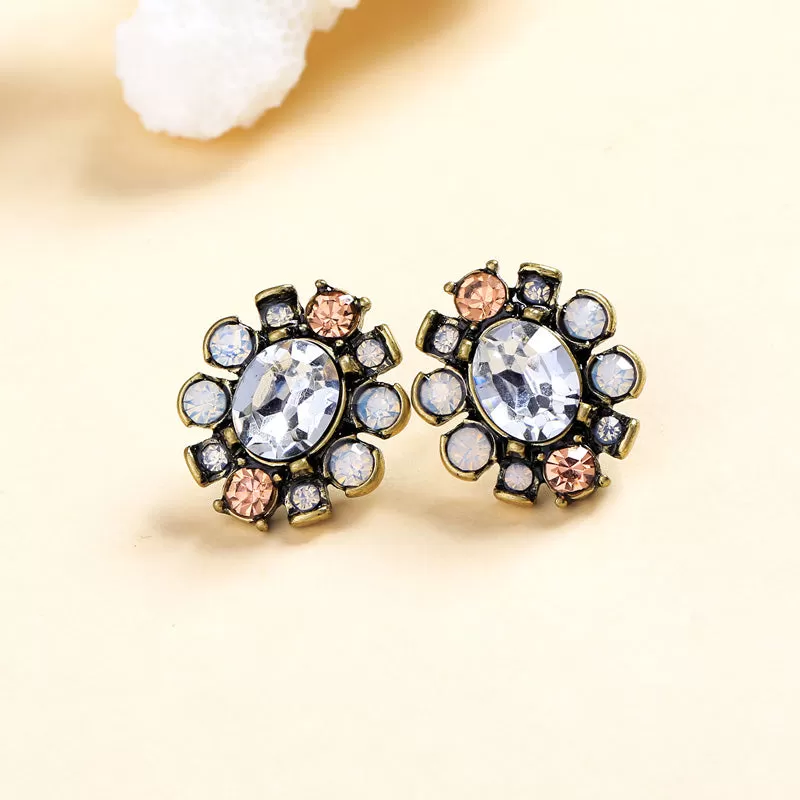 Luxury Antique Gold Clear Crystal Stud Party Earrings