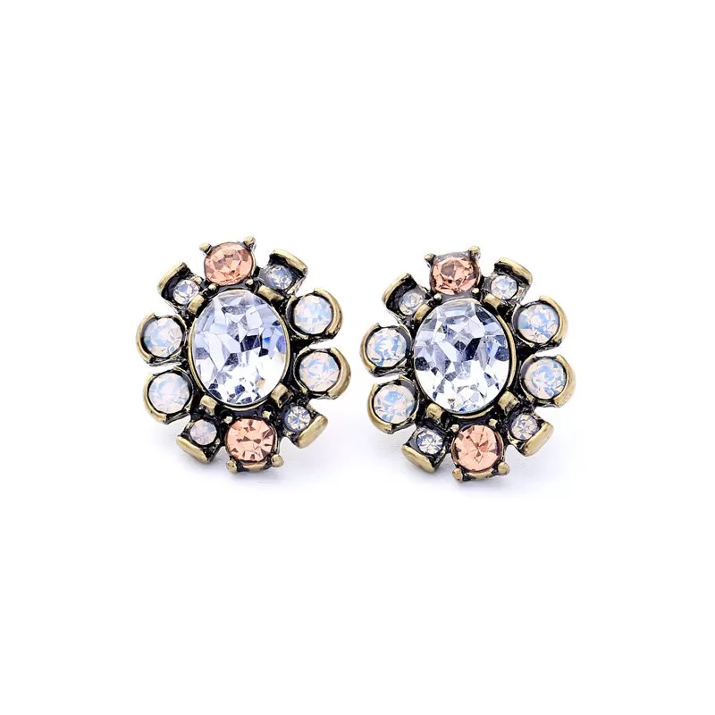 Luxury Antique Gold Clear Crystal Stud Party Earrings