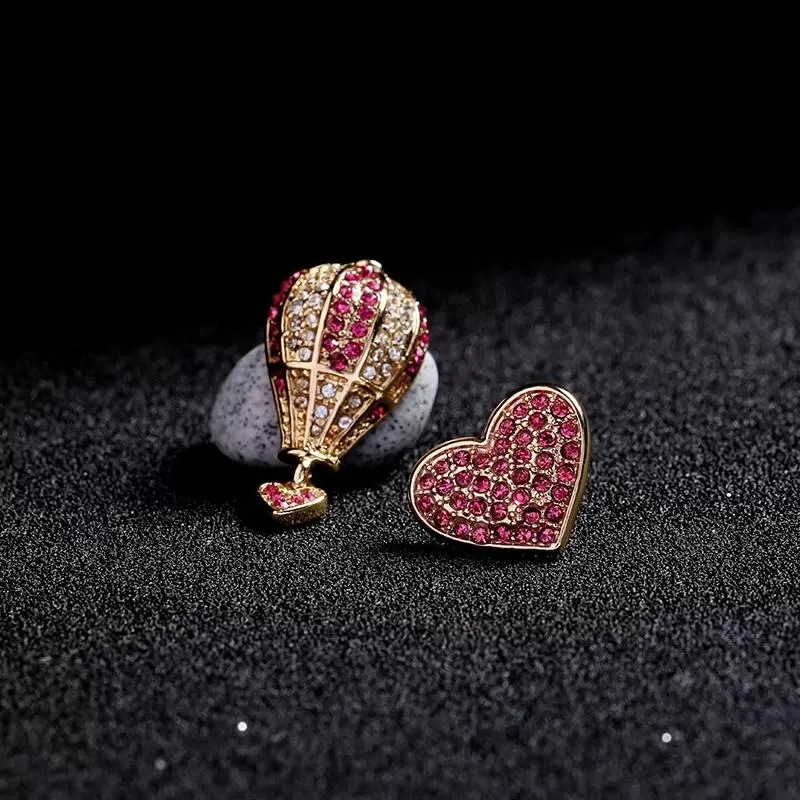 Luxury Hot-air Balloon Heart Asymmetrical Crystal Earrings