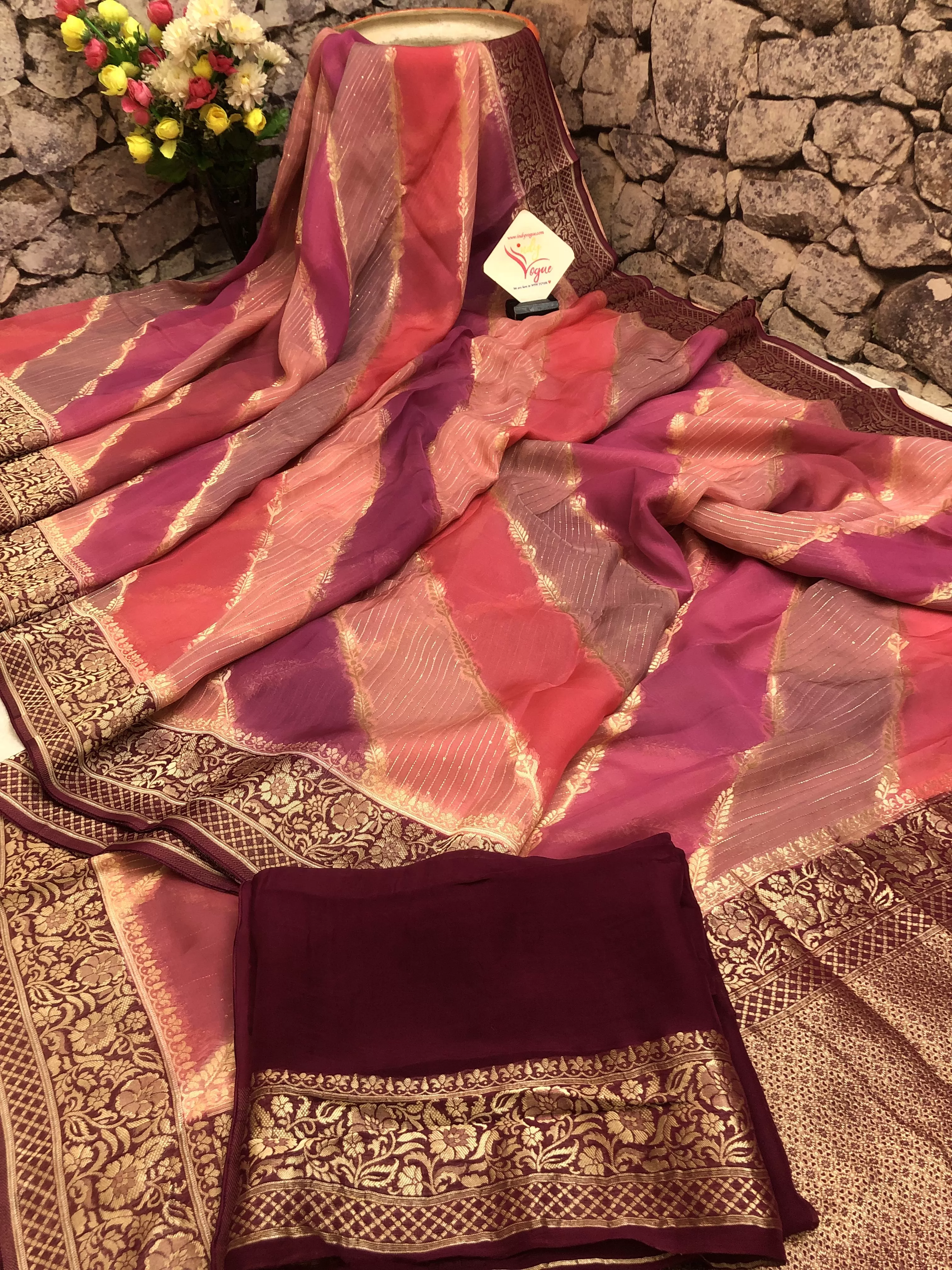 Magenta & Multicolor Kora Organza Saree with Lehriya Pattern & Sequin Work