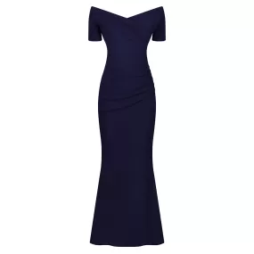 Navy Blue Bardot Capped Sleeve Maxi Dress