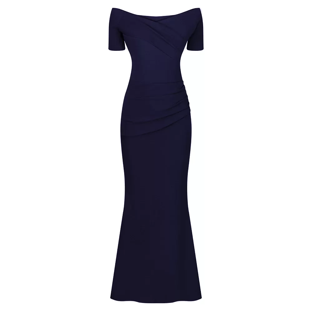 Navy Blue Bardot Capped Sleeve Maxi Dress