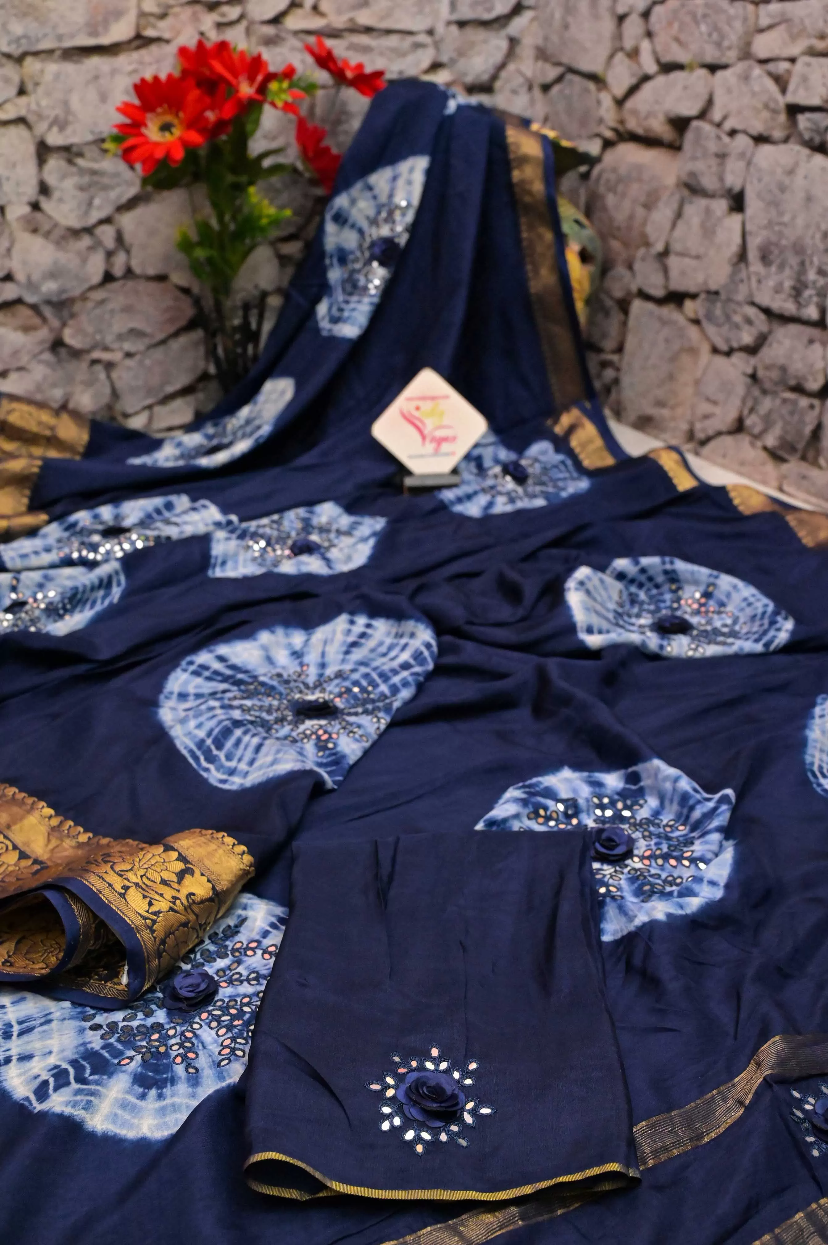 Navy Blue Color Chinon Silk Banarasi Saree with Hand Shibori Dye and Mirror Work