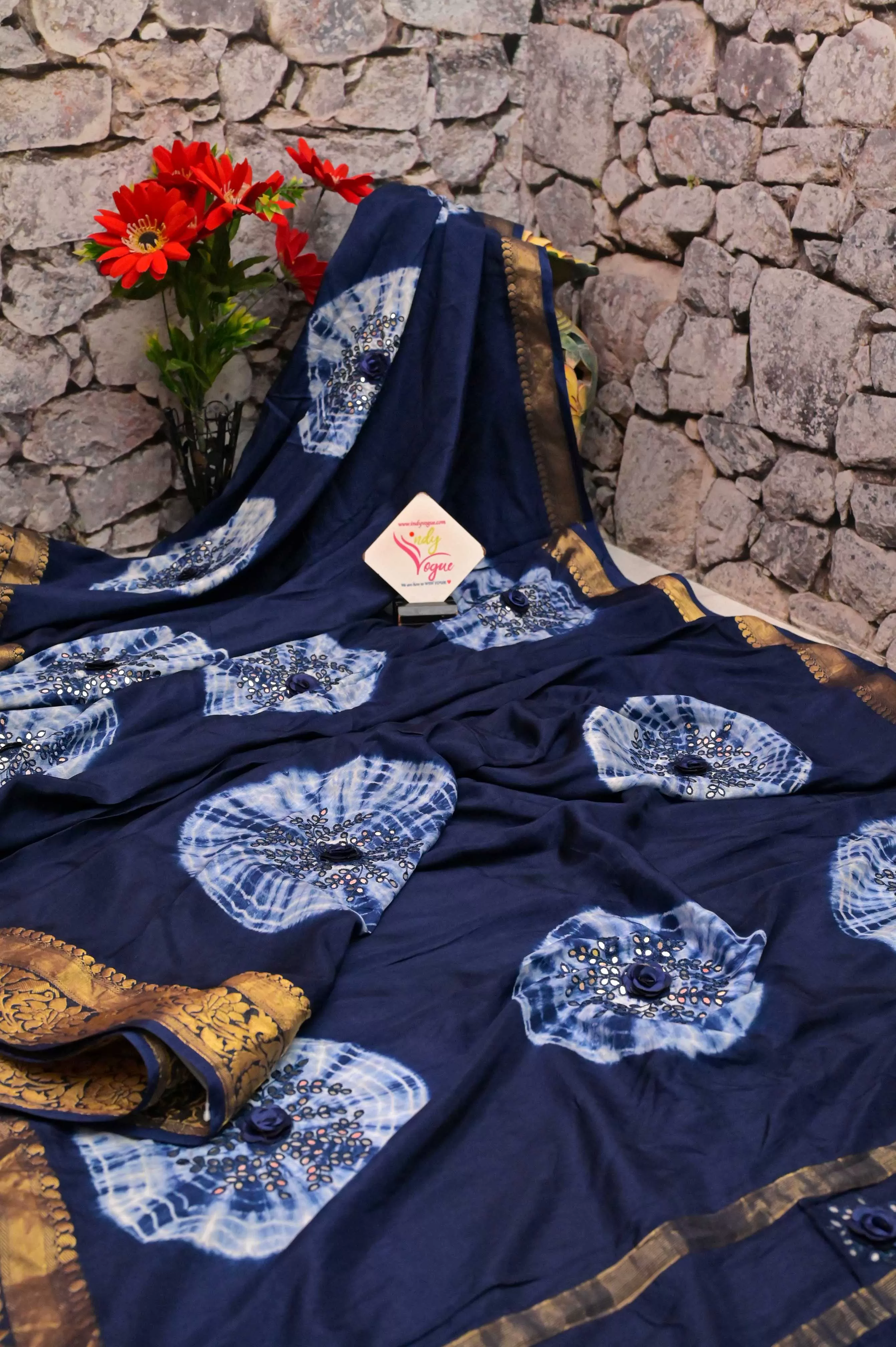 Navy Blue Color Chinon Silk Banarasi Saree with Hand Shibori Dye and Mirror Work