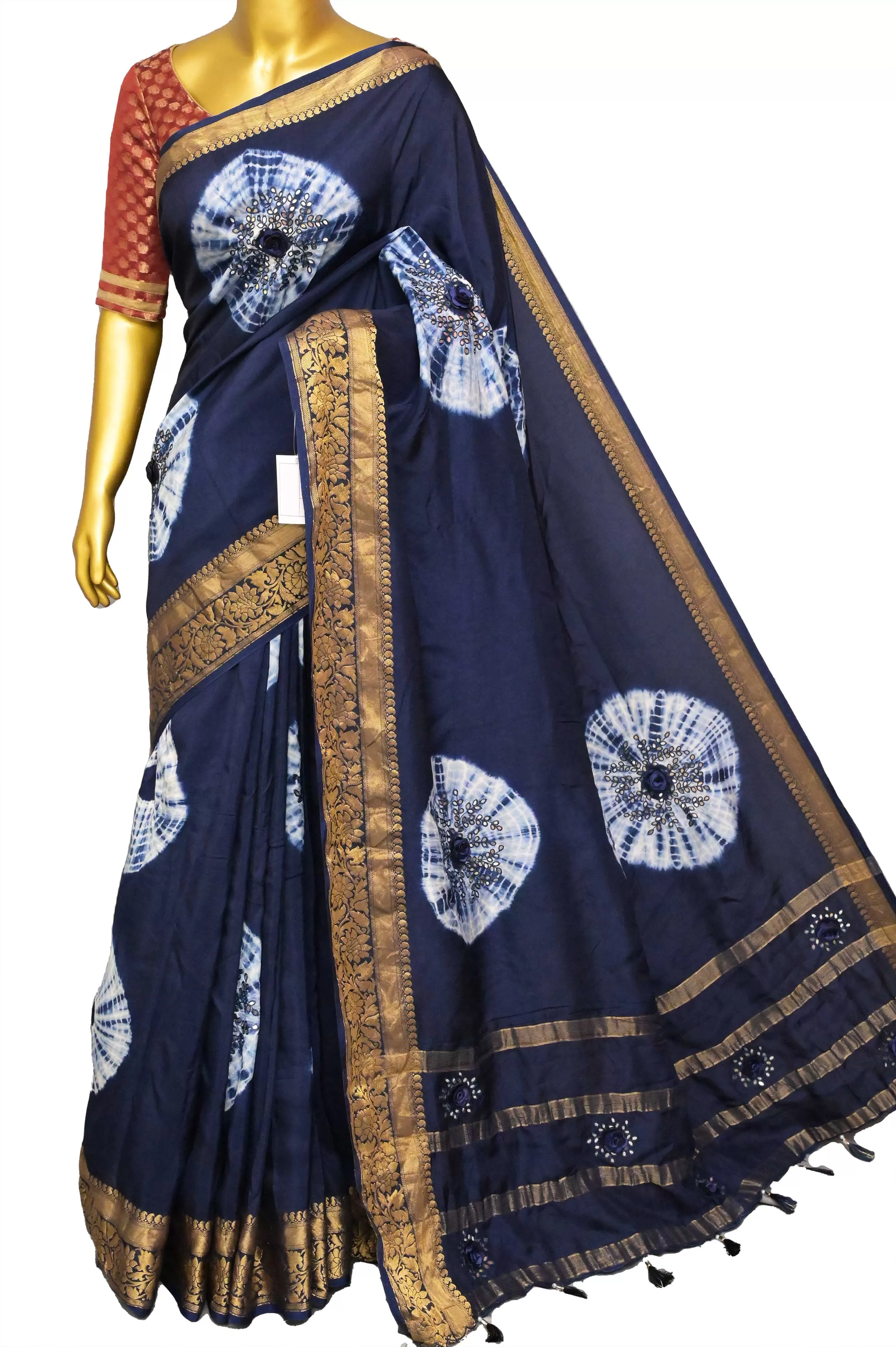 Navy Blue Color Chinon Silk Banarasi Saree with Hand Shibori Dye and Mirror Work