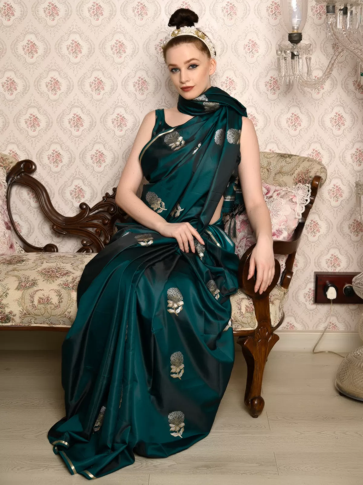 Odette Women Festive Green Satin Printed Saree With Unstitched Blouse