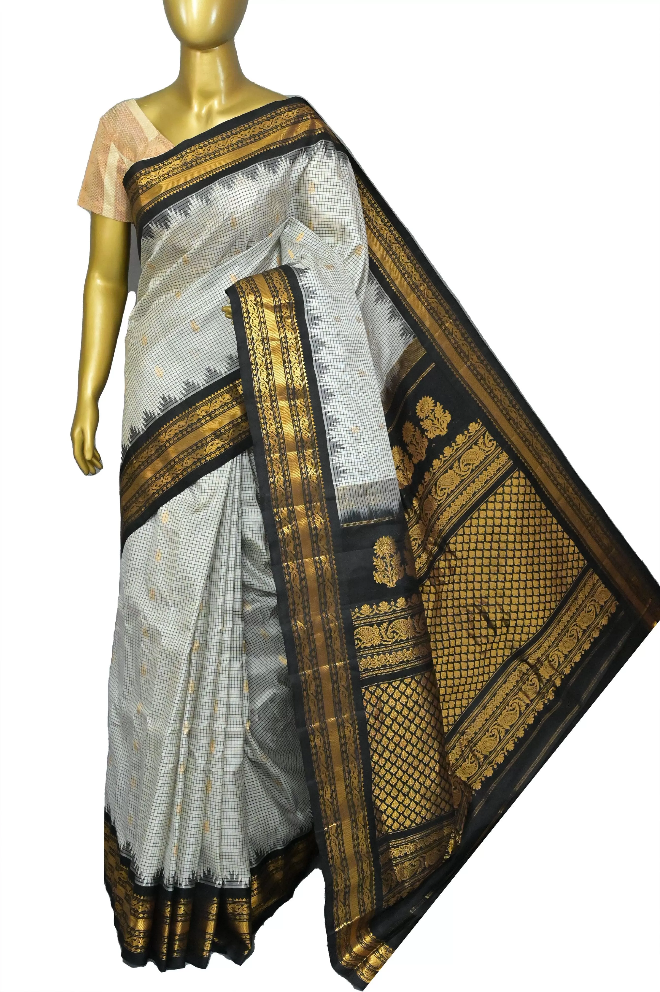 Offwhite Color Gadwal Silk Saree with Black Checks