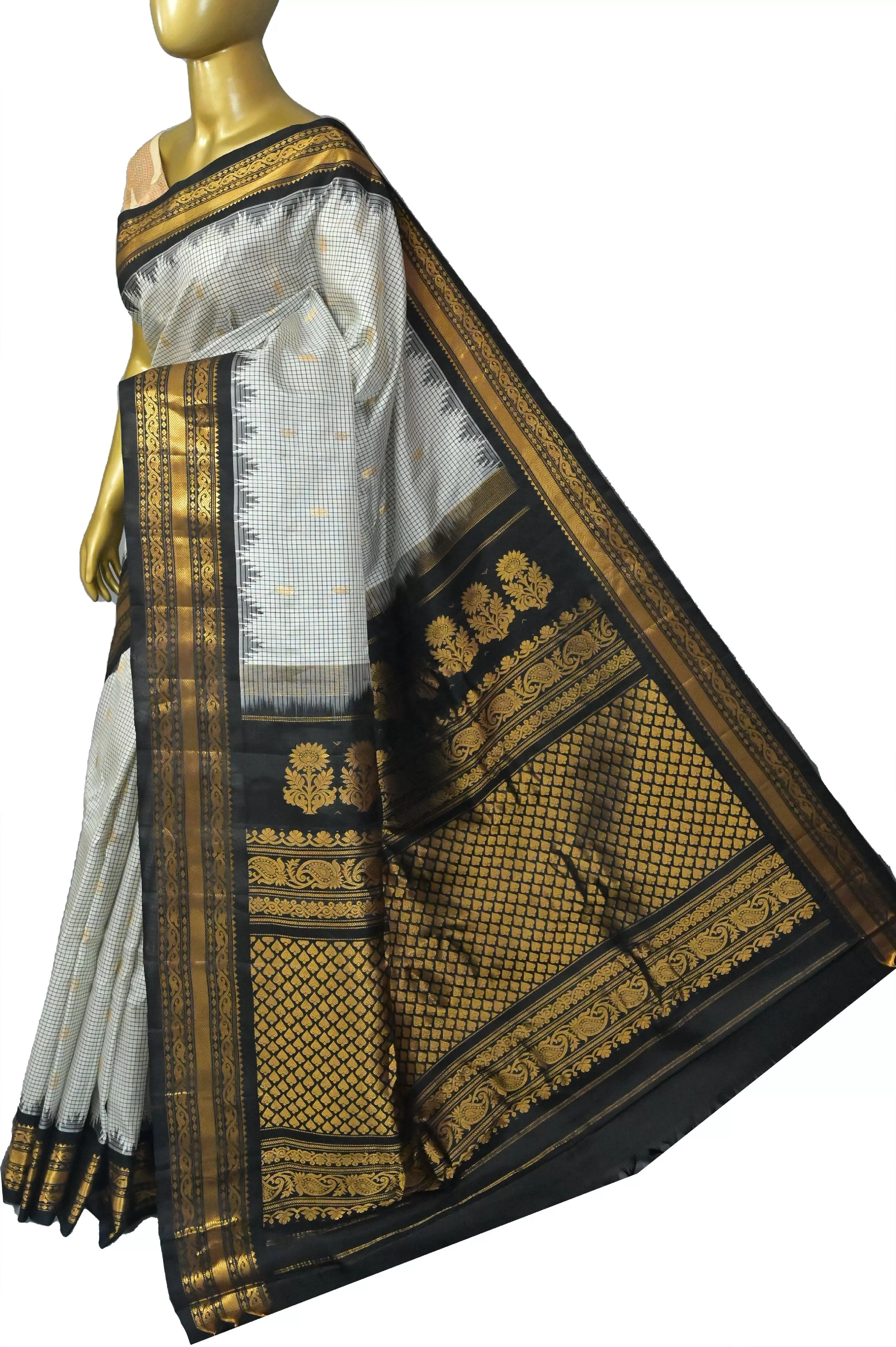 Offwhite Color Gadwal Silk Saree with Black Checks